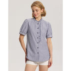 Lomon Button Down Shirts For Women Dressy Casual Puff Short Sleeve Ruffle Blouses Office Tops Work Shirt