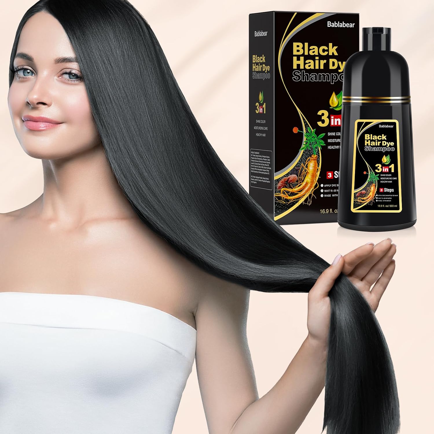 Bablabear Black Hair Dye Shampoo For Gray Hair,Hair Color Shampoo For Women And Men, Grey Coverage.500Ml