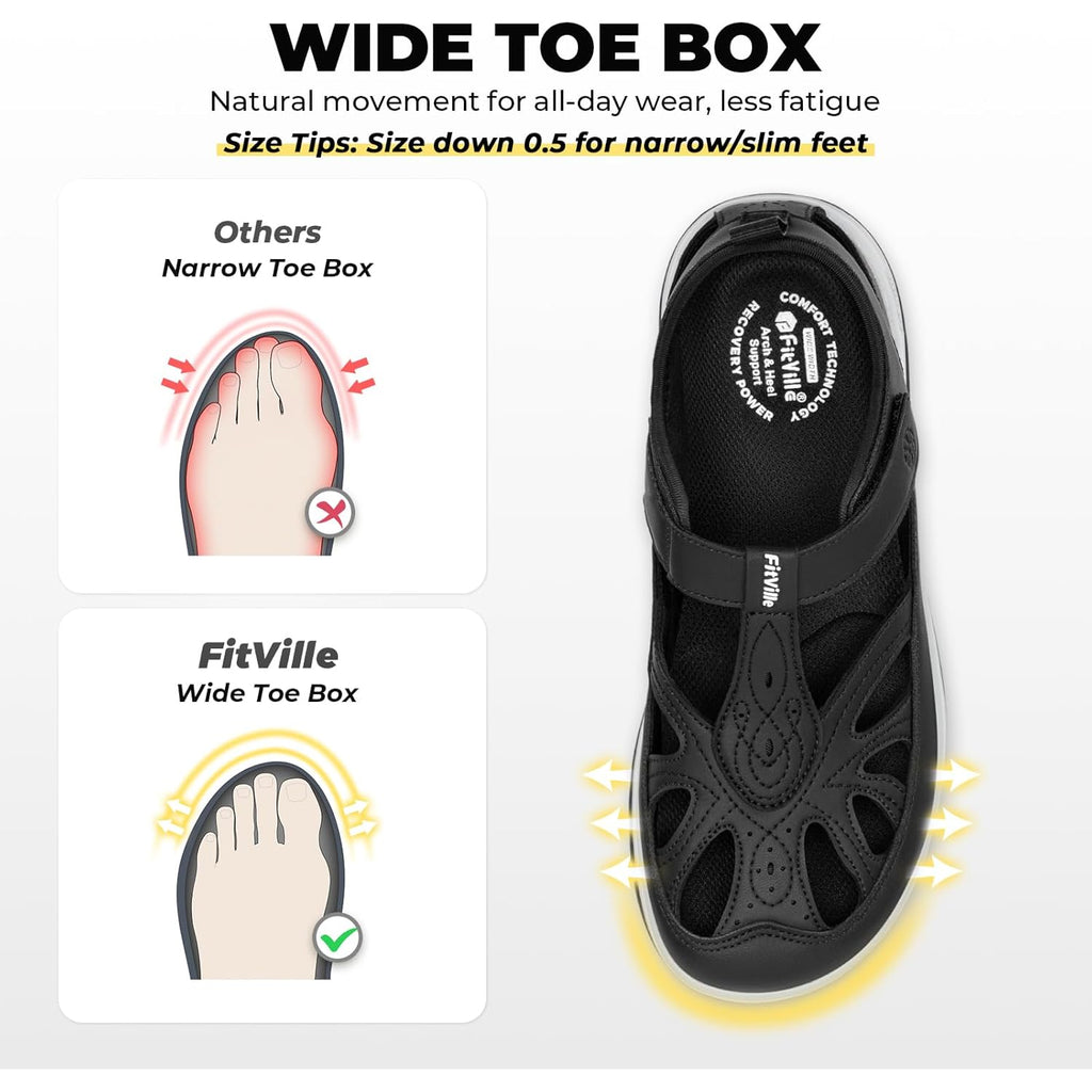 FitVille Extra Wide Womens Orthopedic Walking Sandals with Wide Toe Box, Outdoor Closed Toe Sandals with Adjustable Straps for Women, Arch Support Women's Shoes for Plantar Fasciitis, Swollen Feet