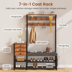 Itaar Coat Rack, Hall Tree with Bench and Shoe Storage, 7-in-1 Entryway Bench with Soft Cushion, Storage Bag, 3 Fabric Drawers(Rustic Brown)