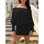 Womens Off Shoulder Batwing Long Lantern Sleeve Draped Bodycon Mini Dress Sexy Ruched Party Dresses For Date Night