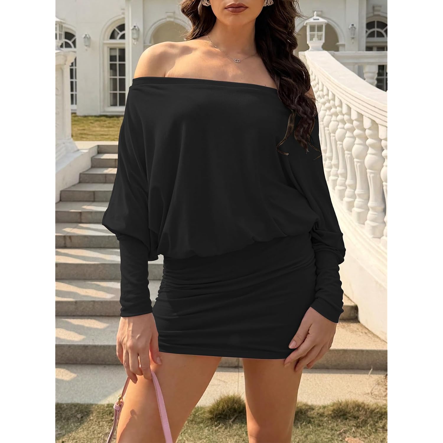 Womens Off Shoulder Batwing Long Lantern Sleeve Draped Bodycon Mini Dress Sexy Ruched Party Dresses For Date Night
