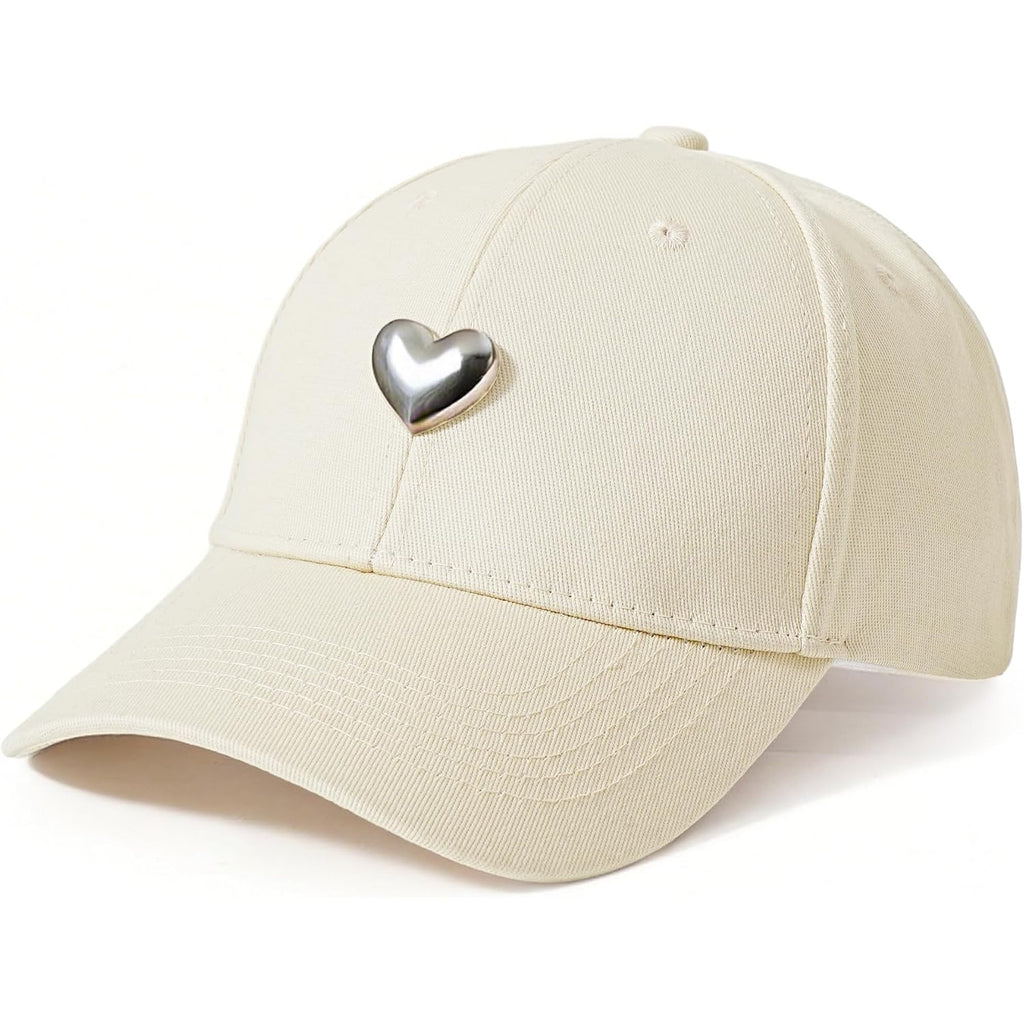Jeasona Cotton Baseball Cap with 3D Metal Heart Accent - Adjustable, Chic & Minimalist Dad Hat for Hiking & Casual Wear Beige