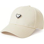 Jeasona Cotton Baseball Cap with 3D Metal Heart Accent - Adjustable, Chic & Minimalist Dad Hat for Hiking & Casual Wear Beige