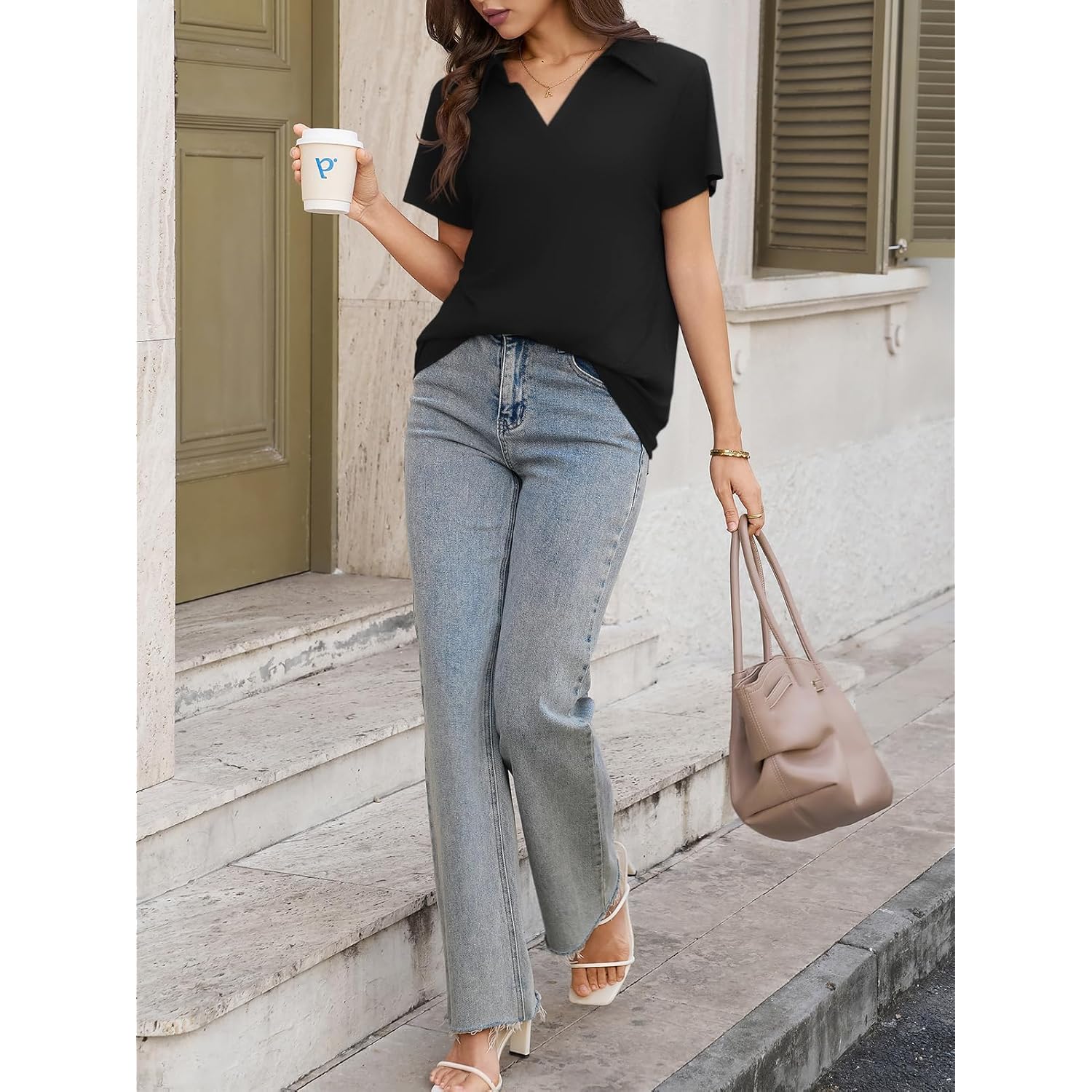 Short Sleeve Polo Shirts for Women Tennis Golf Shirt Business Casual Loose Collared V Neck Top Blouses