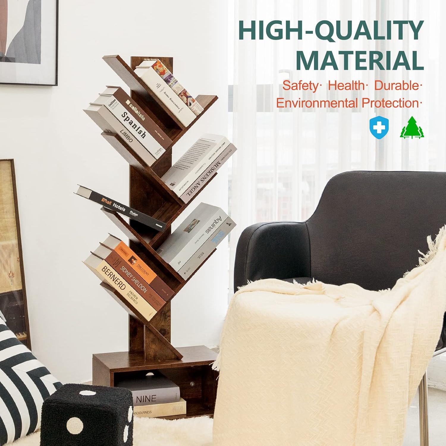 Yoobure Tree Bookshelf - 6 Shelf Retro Floor Standing Bookcase, Tall Wood Book Storage Rack For Cds/Movies/Books, Utility Book Organizer Shelves For Bedroom, Living Room, Home Office, Rustic Brown