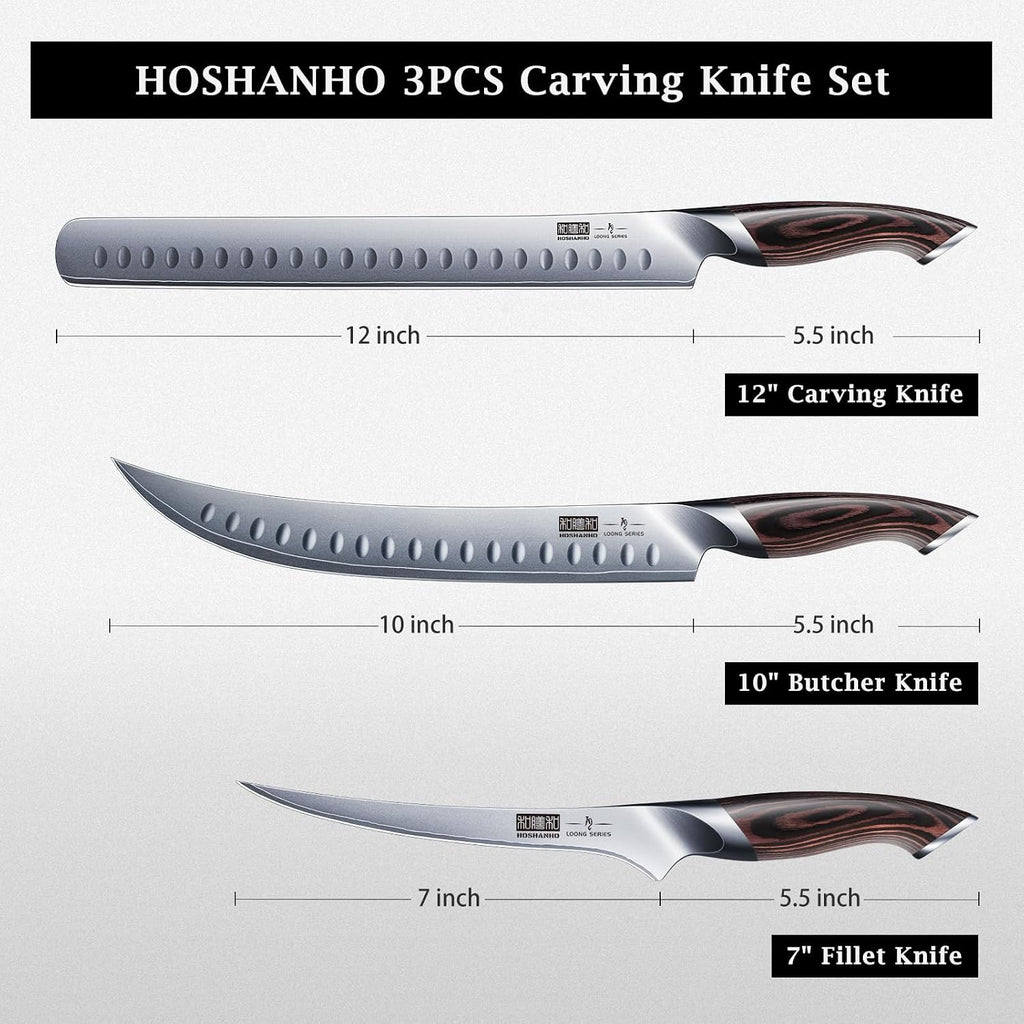 Hoshanho Carving Knife Set 3Pcs, Japanese High Carbon Steel Brisket Slicing Knife Sets With Ergonomic Pakkawood Handle, Butcher Knife Breaking Knife Boning Knife For Meat Cutting