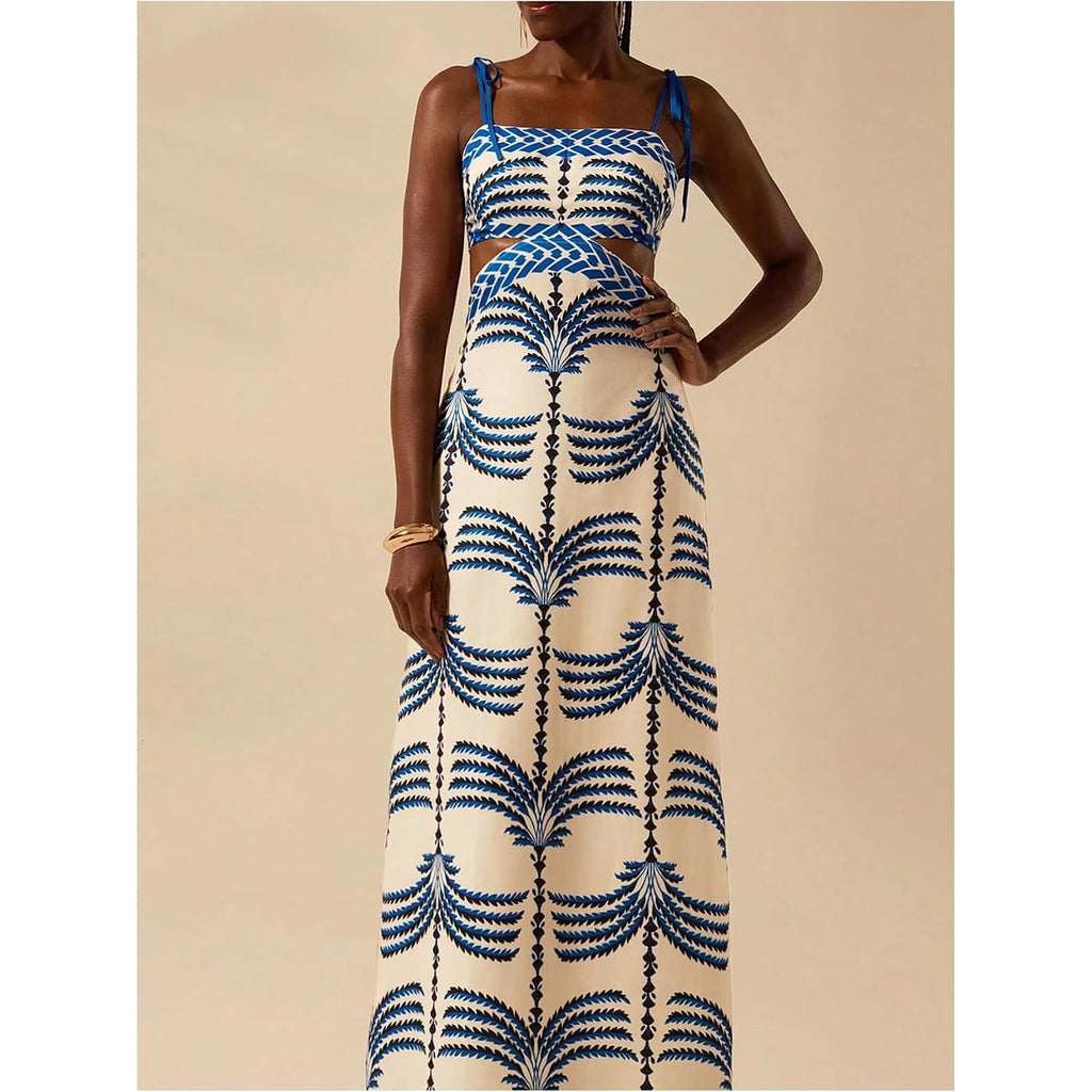Soly Hux Women'S Summer Maxi Dress Boho Print Tie Shoulder Spaghetti Strap Cut Out Tie Back Cami Dresses Sundress