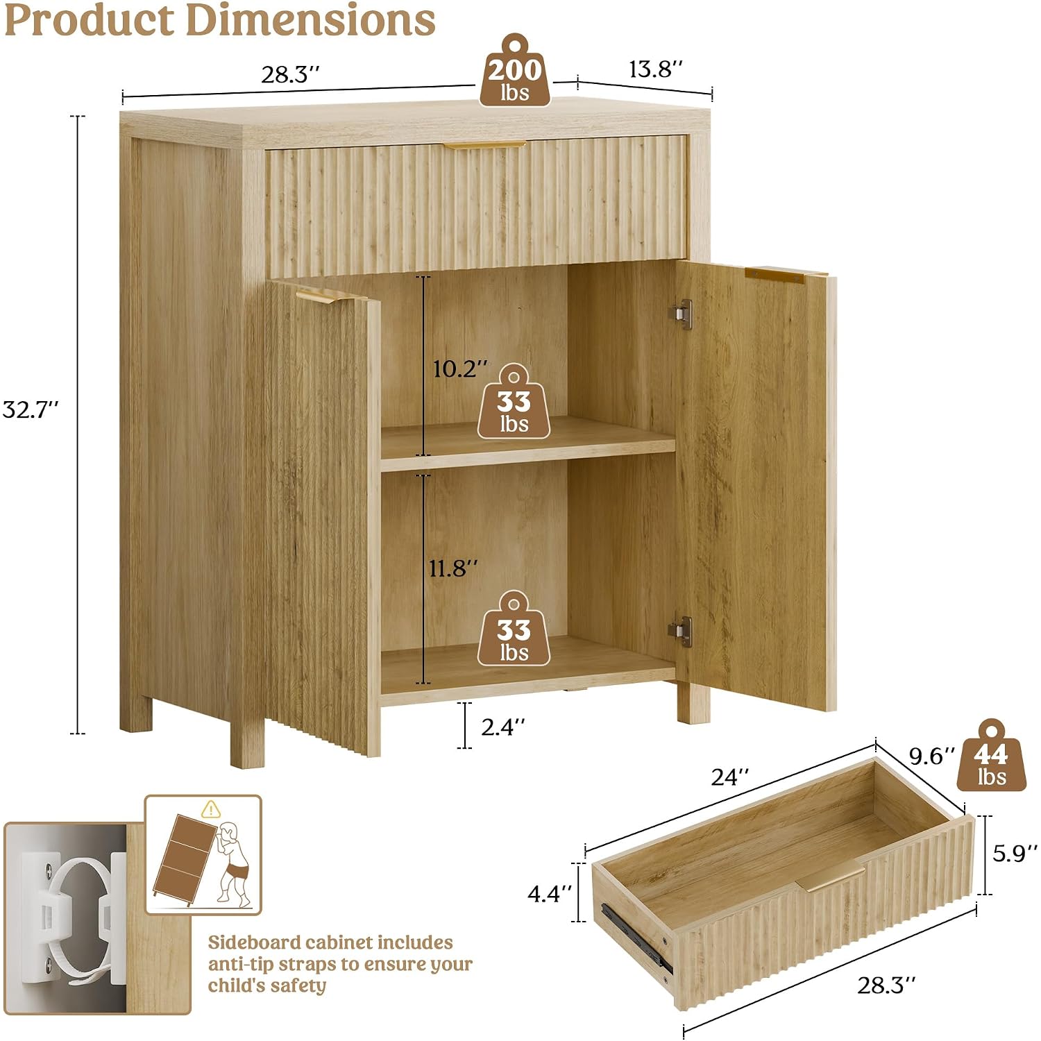 Fluted Buffet Cabinet For Kitchen, 28.3" Sideboard Cabinet Natural | Adjustable Shelves, Quiet Full-Extension Slides, Curved Metal Handle, Coffee Bar With Drawers For Dining Room, Entryway