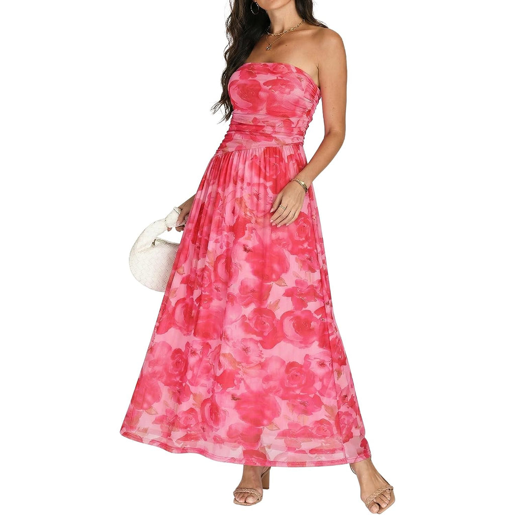 Summer Floral Wedding Guest Maxi Dress For Women Strapless Tube Long Dresses Mesh Flowy Vacation Cocktail Dresses