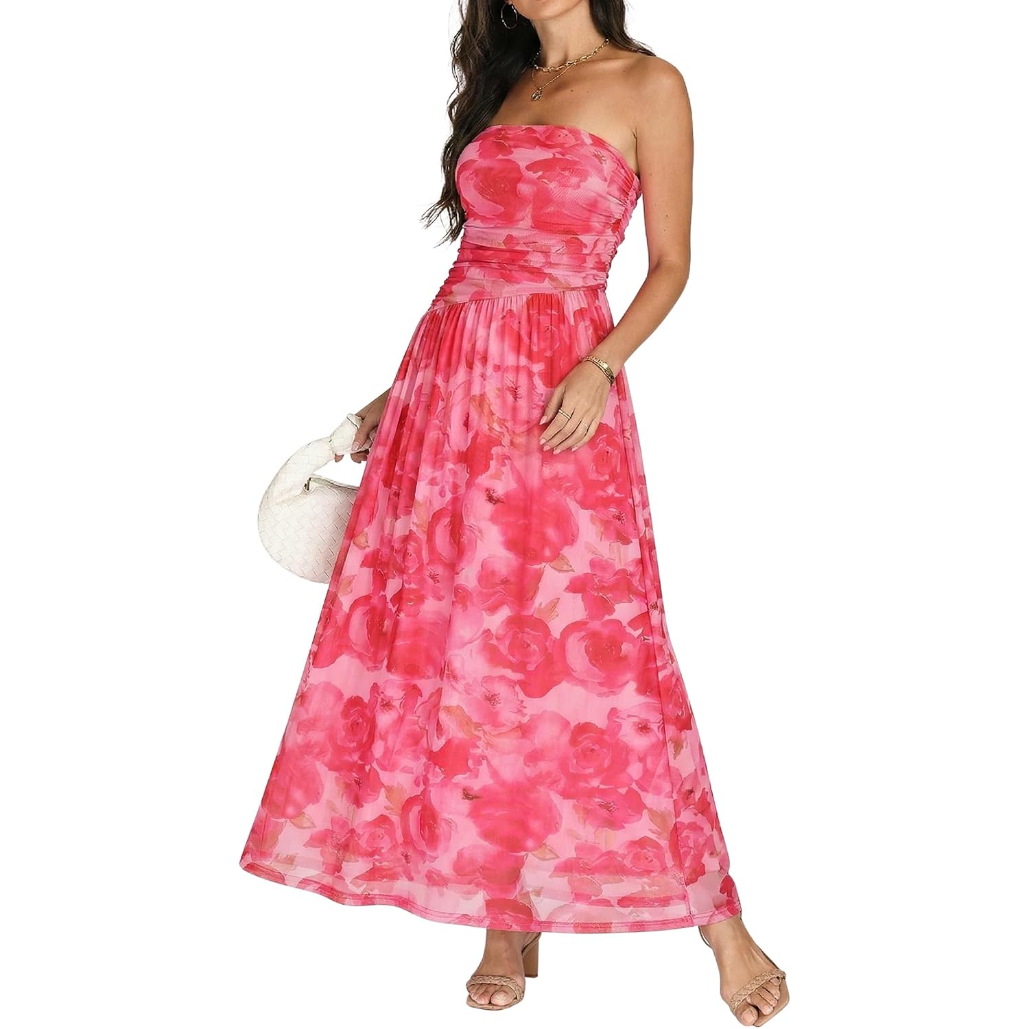 Summer Floral Wedding Guest Maxi Dress For Women Strapless Tube Long Dresses Mesh Flowy Vacation Cocktail Dresses
