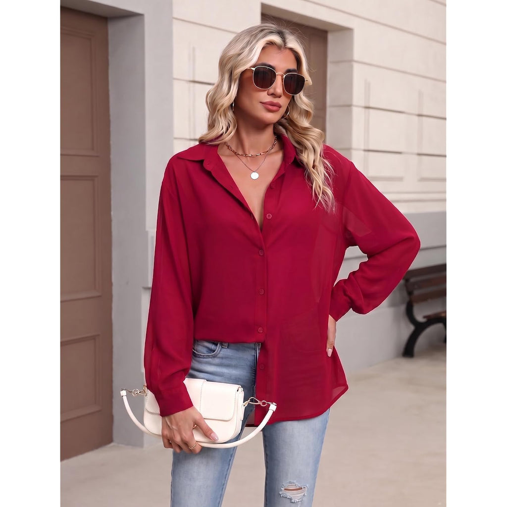 Zeagoo Button Down Shirts For Women Dressy Casual Floral Printed Collared Chiffon Blouse Long Sleeve Business Work Tops