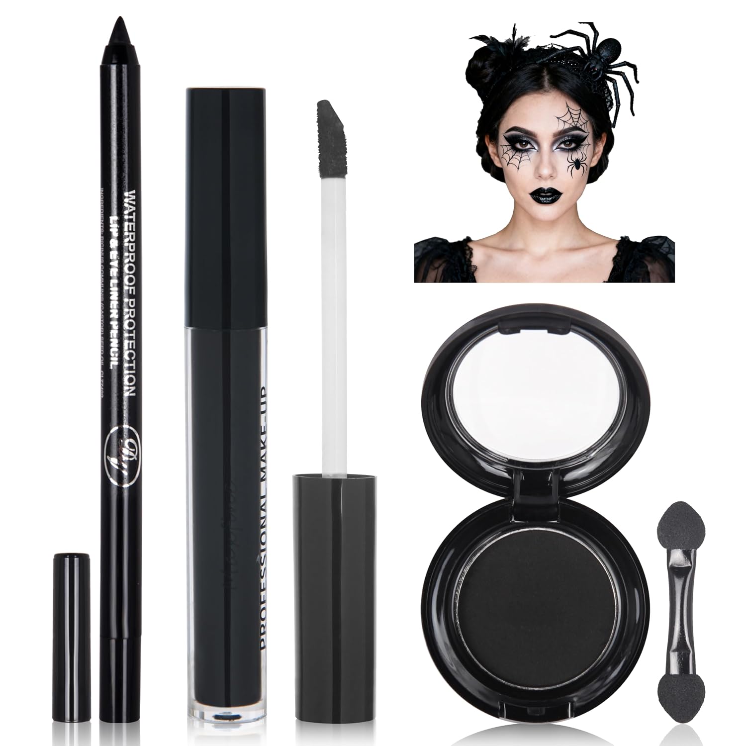 Black Eyeshadow Palette Liquid Lipstick Eyeliner Set With Mini Brush, Smokey Eye Shadow Black Lip Gloss Lip Liner Set, Smudge Proof Long-Lasting, Suitable For Halloween Cosplay Goth Witch Makeup