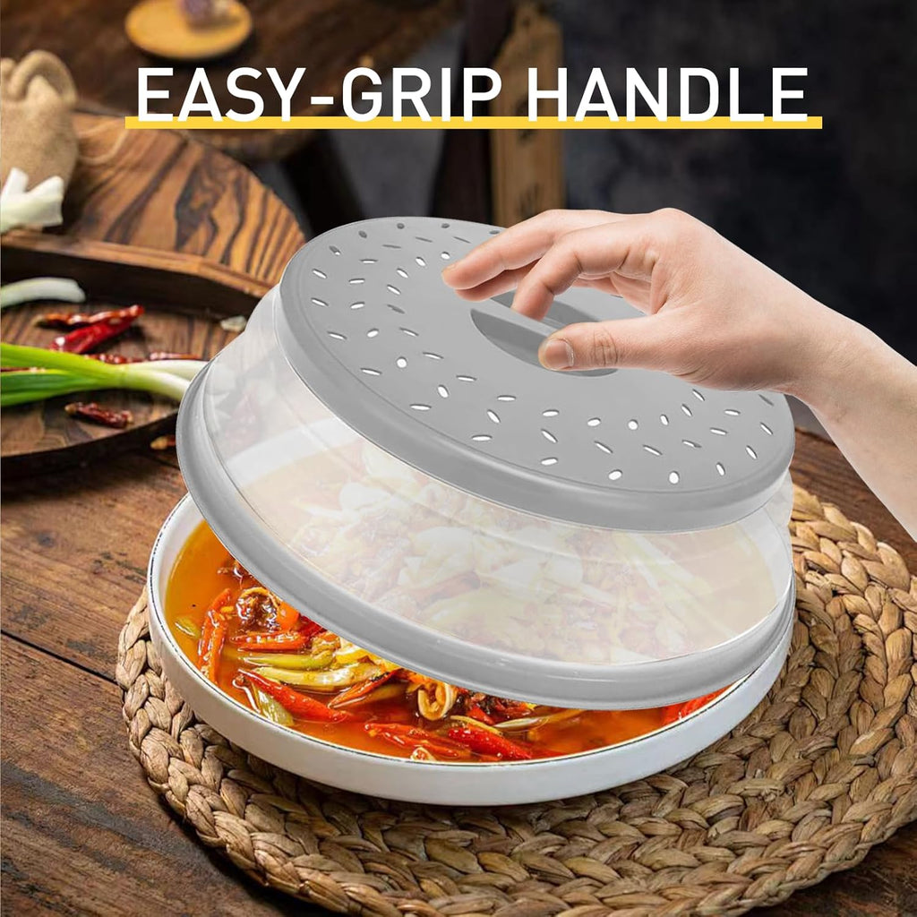 CasaCulina 2 Pack Collapsible Microwave Splatter Cover, Vented Microwave Lid with Hook Hole, Splatter Guard for Plate Dish Bowl, Vegetable Fruit Colander Multi-function Kitchen Gadget(Grey & Red)