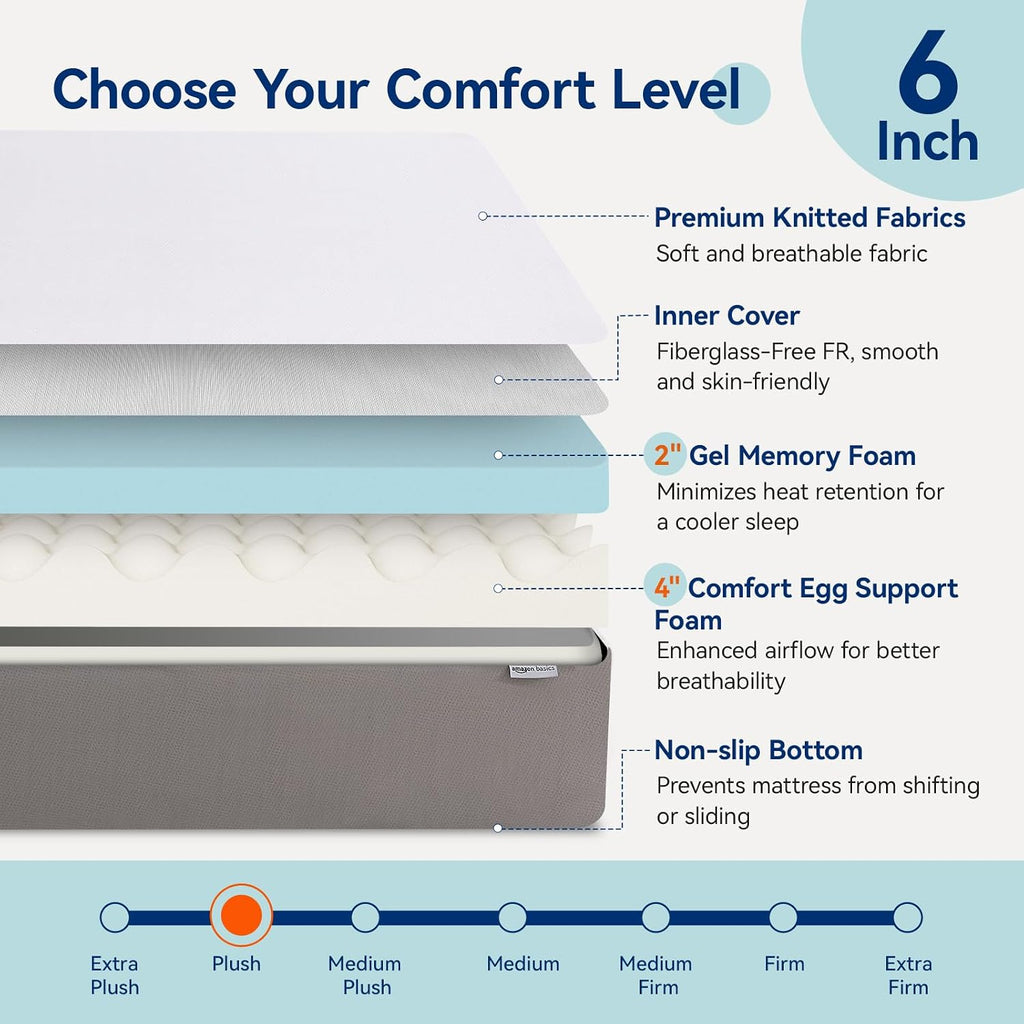 Amazon Basics Memory Foam Mattress, Soft Plush Feel, Breathable, 6 Inch, Twin, White/Grey