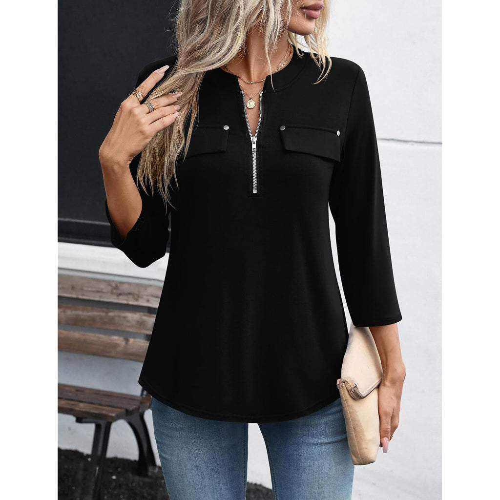 LOMON 3/4 Length Sleeve Womens Tops Business Casual Zip Front V Neck Shirt Loose Fit Work Tunic Blouse