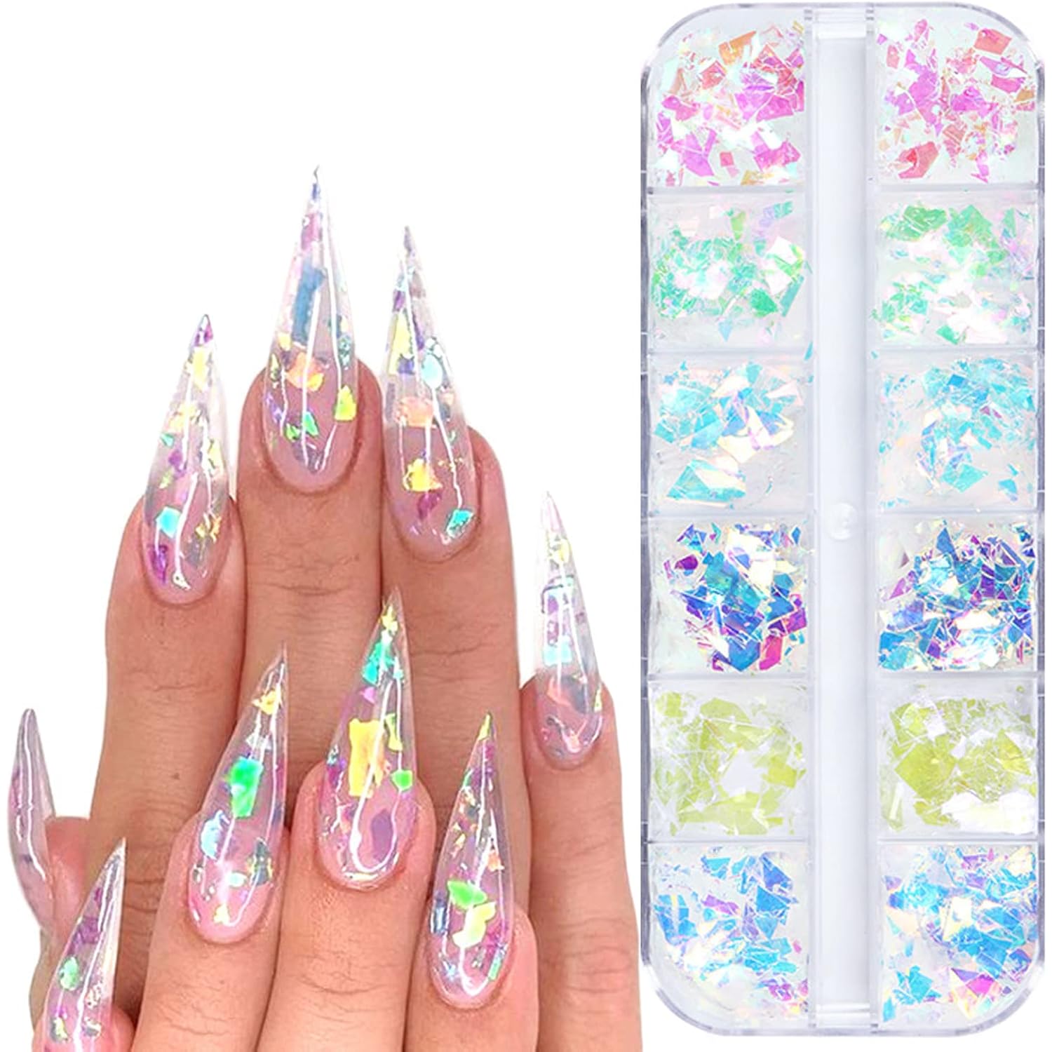Iridescent Glitter Nail Art Sequins, Holographic 3D Irregular Ultra Thin Nail Art Glitter Flakes Design, Shiny Mermaid Nail Glitter Slices Resin Acrylic Supplies for Women Girls Manicure Decorations