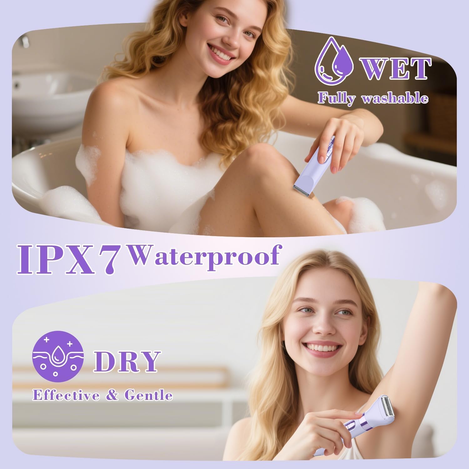 Hatteker 4-in-1 Women's Electric Razor, Dual-Head Body Hair Trimmer for Women, IPX7 Waterproof Rechargeable Bikini Trimmer & Facial Hair Remover for Legs, Armpits, Face, Nose, Eyebrows, Purple