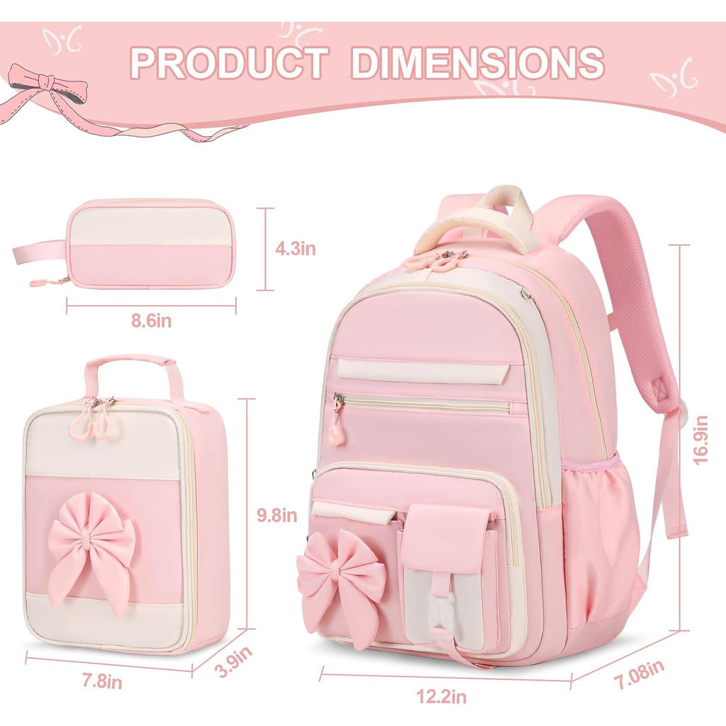 Backpack For Girls, 3Pcs Girls Backpack For School With Lunch Bag Pencil Case, Cute Kids Teens Bookbag For Kindergarten Elementary Preschool Middle School (Pink)