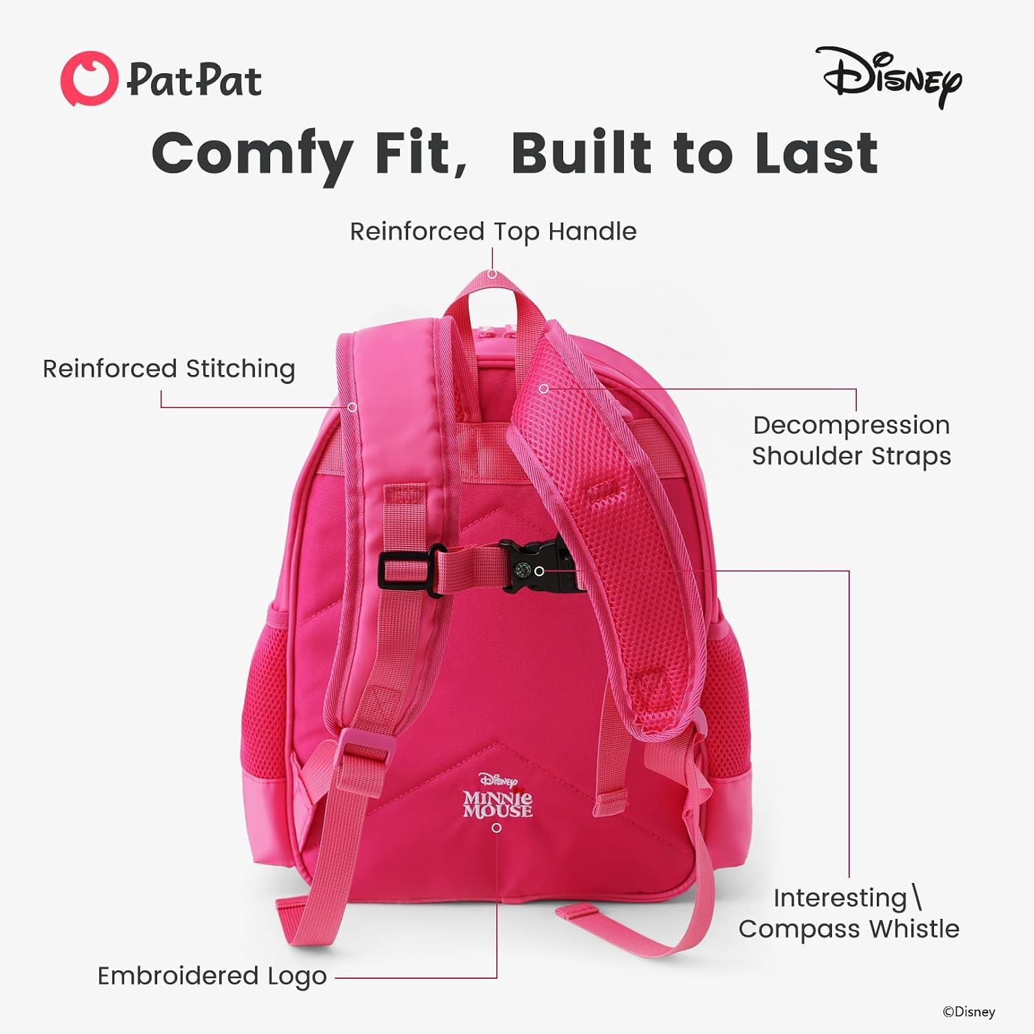 Disney Minnie Mouse Girls Backpack For Elementary Kindergarten, Medium 12L | Glitter Water-Stain-Tear-Resistant, Lightweight 350G, Ergonomic Padded Adjustable Strap, Chest Strap Support Large Capacity