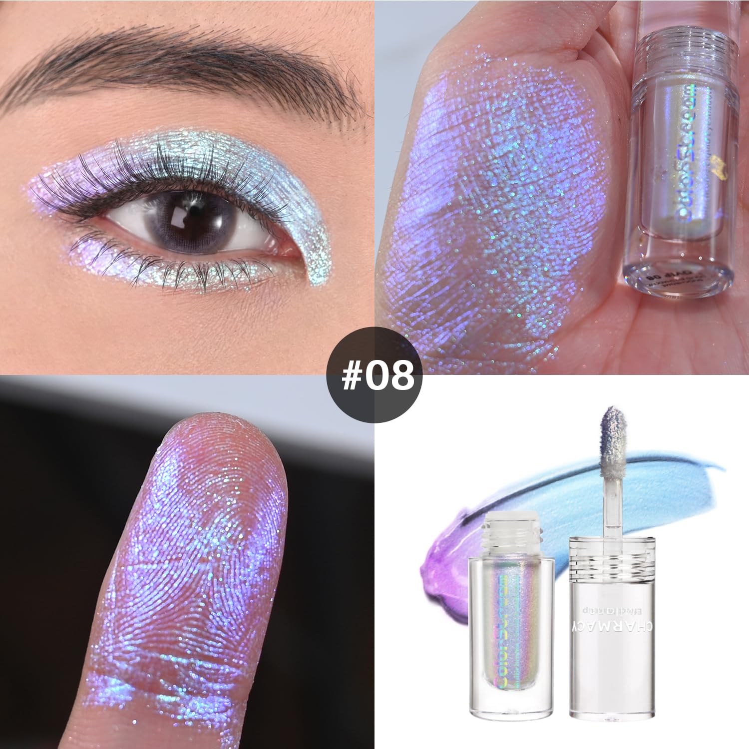 CHARMACY Multichrome Glitter Liquid Eyeshadow, Chameleon Shifting Color, Holographic Metallic Eyeshadow, Long-Lasting Wear, Vegan Eye Topper for Party, Daily Makeup #08