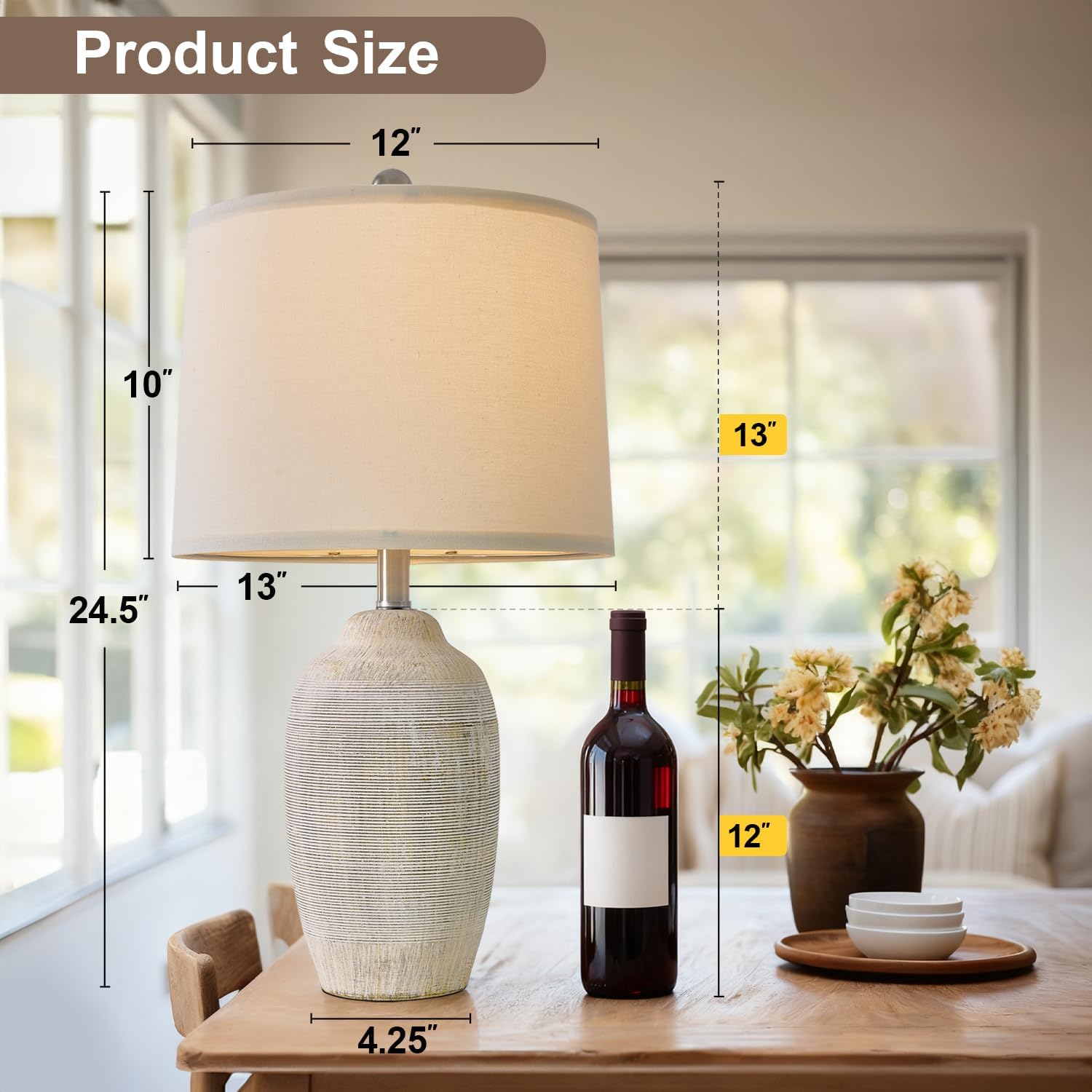 Usumkky 24 Inch Vintage Ceramic Table Lamp With 5Ft Cord - Single Farmhouse Rustic Bedside Lamp With Natural Textured Finish, Nightstand Lamps For Living Room, Bedroom, End Table Beige