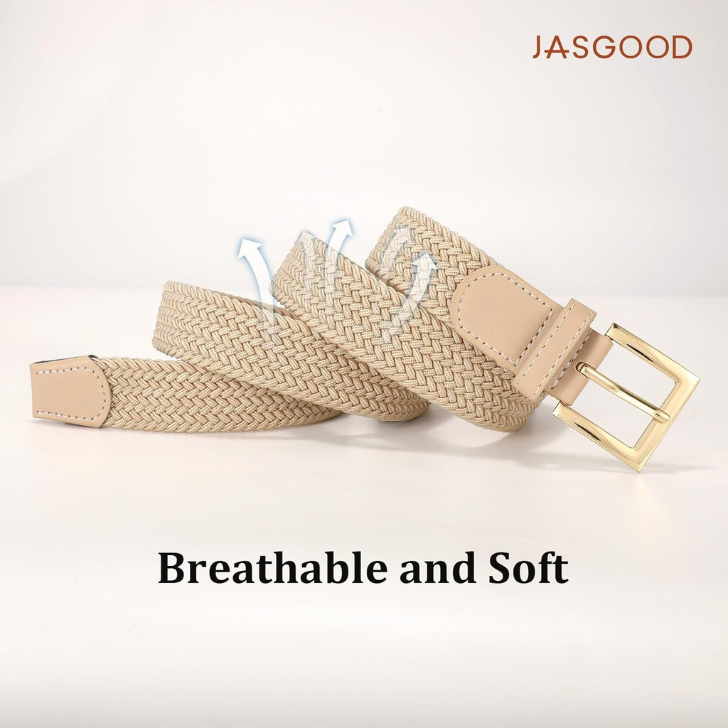 JASGOOD Women Braided Woven Elastic Belt Golf Casual Stretch Belt with Gold Buckle for Ladies Jeans Pants