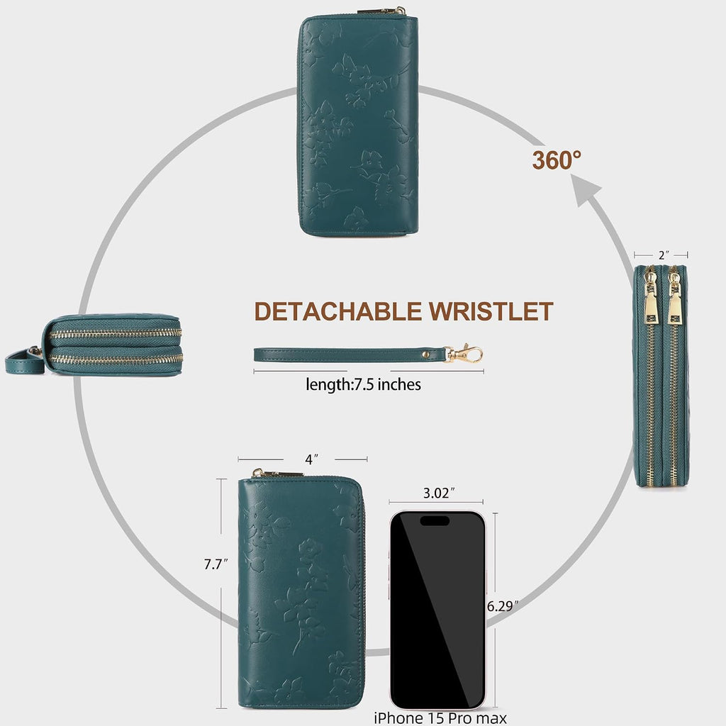 Womens Wallet Rfid Blocking Large Capacity Vegan Leather Double Zip Wristlet Wallet Card Holder Travel Ladies Clutch