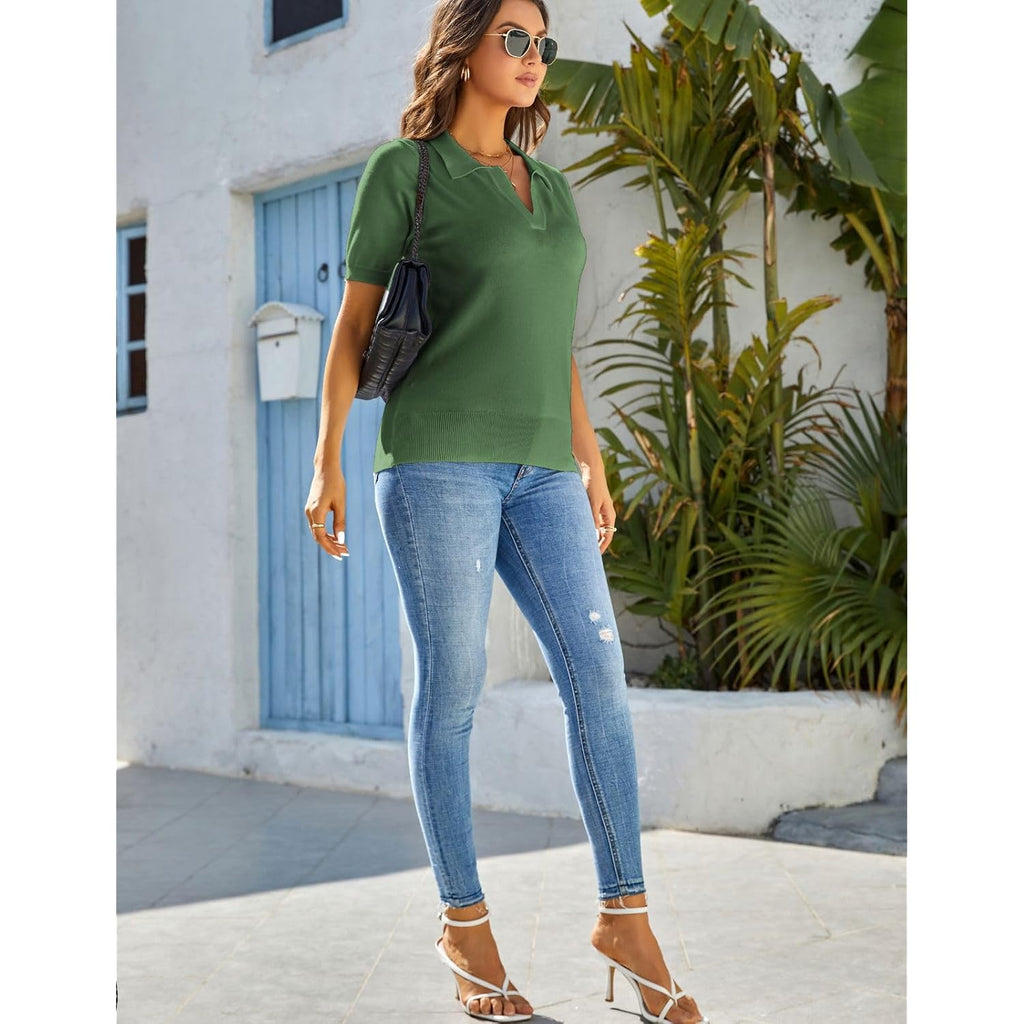 Kate Kasin Women Short Sleeve Polo Sweater V Neck Knitted Tops Casual Ribbed Shirt Loose Pullover Sweater