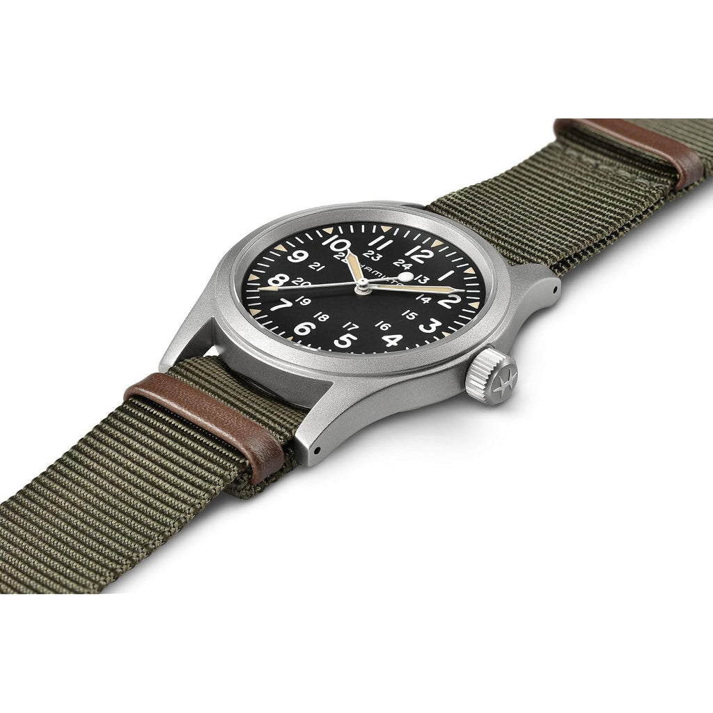 Hamilton Khaki Field Mechanical Men'S Watch, 38Mm Stainless Steel Case, Swiss Made, Black Dial Analog Wrist Watch For Men, 50M Waterproof, Sapphire Crystal, Textile Strap