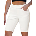 Bermuda Shorts for Women Jean Pull On Elastic Waist High Waisted Knee Length Fold Hem Stretchy Denim Long Shorts