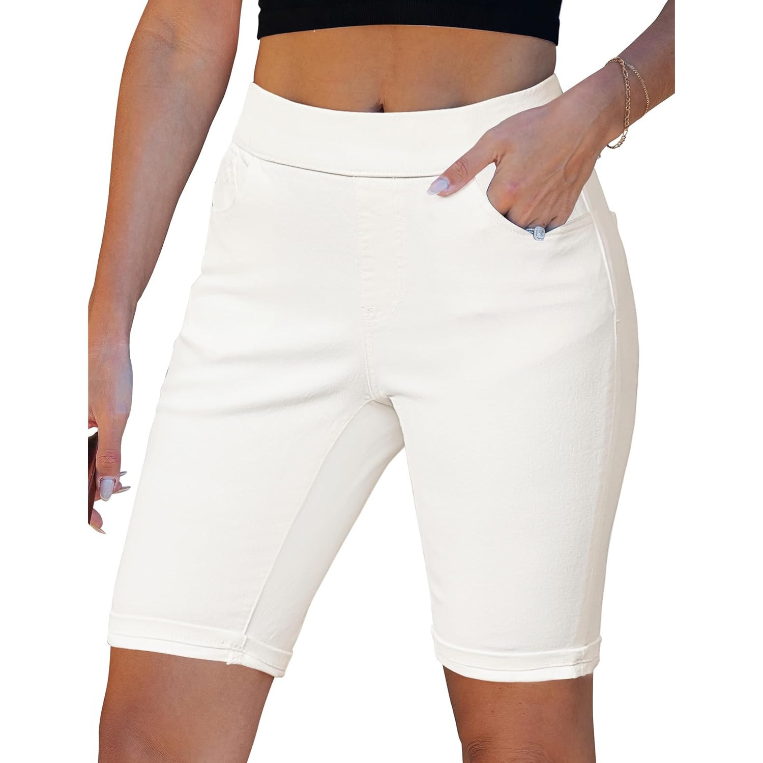 Bermuda Shorts for Women Jean Pull On Elastic Waist High Waisted Knee Length Fold Hem Stretchy Denim Long Shorts