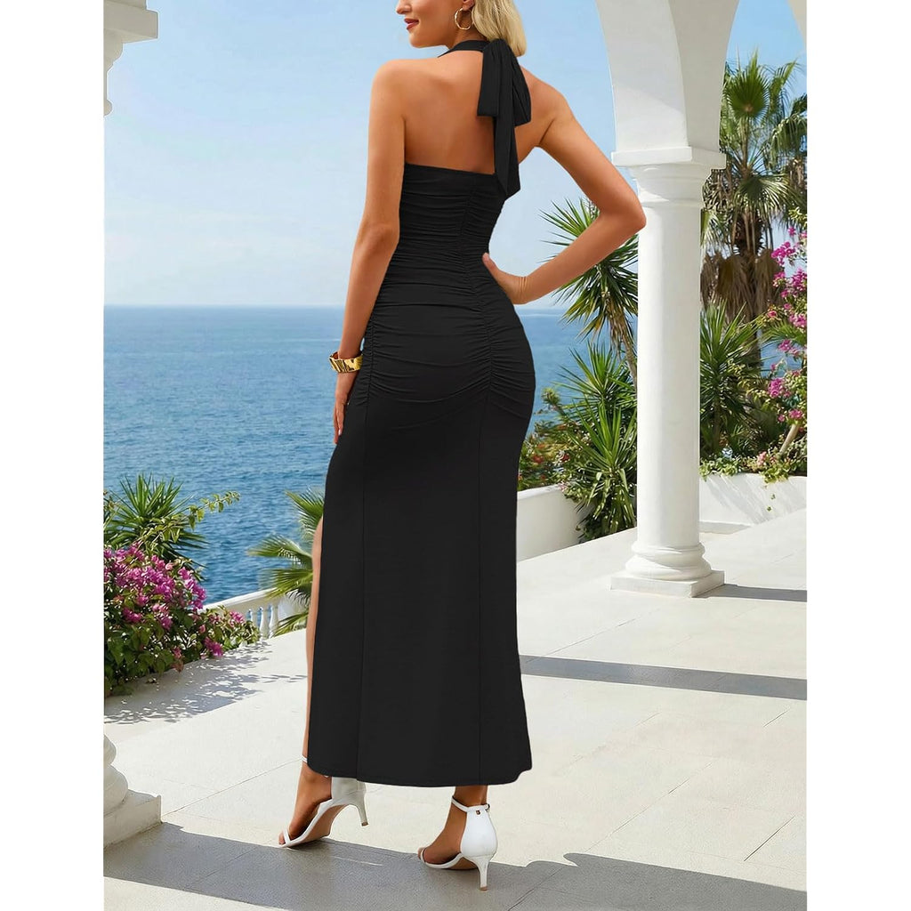 Merokeety Women'S Wedding Guest Dress Summer Sleeveless Halter Backless Slit Ruched Beach Cocktail Formal Maxi Dresses