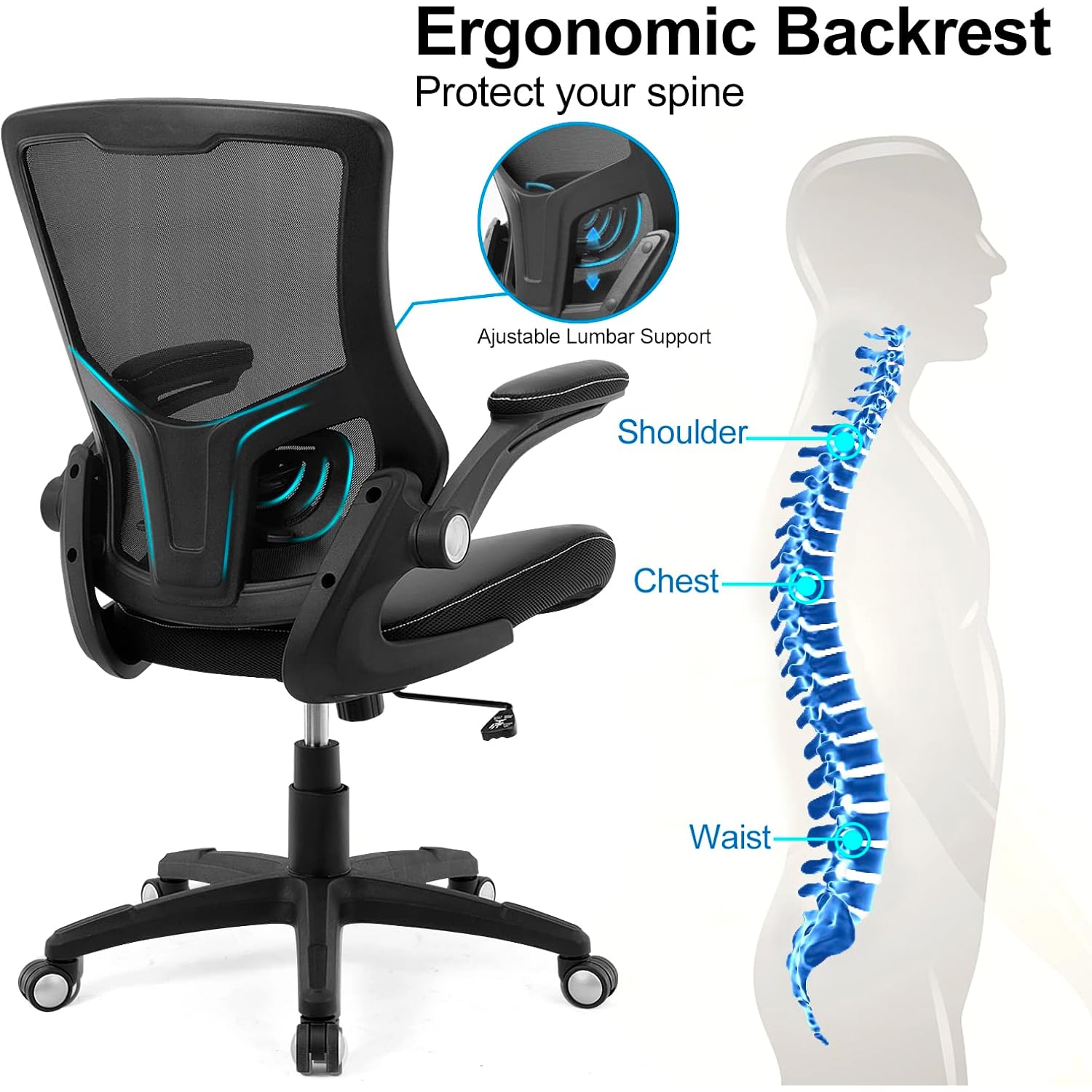 Office Chair Ergonomic Desk Chair, Computer PU Leather Home Office Chair, Swivel Mesh Back Adjustable Lumbar Support Flip-up Arms Executive Task Chair