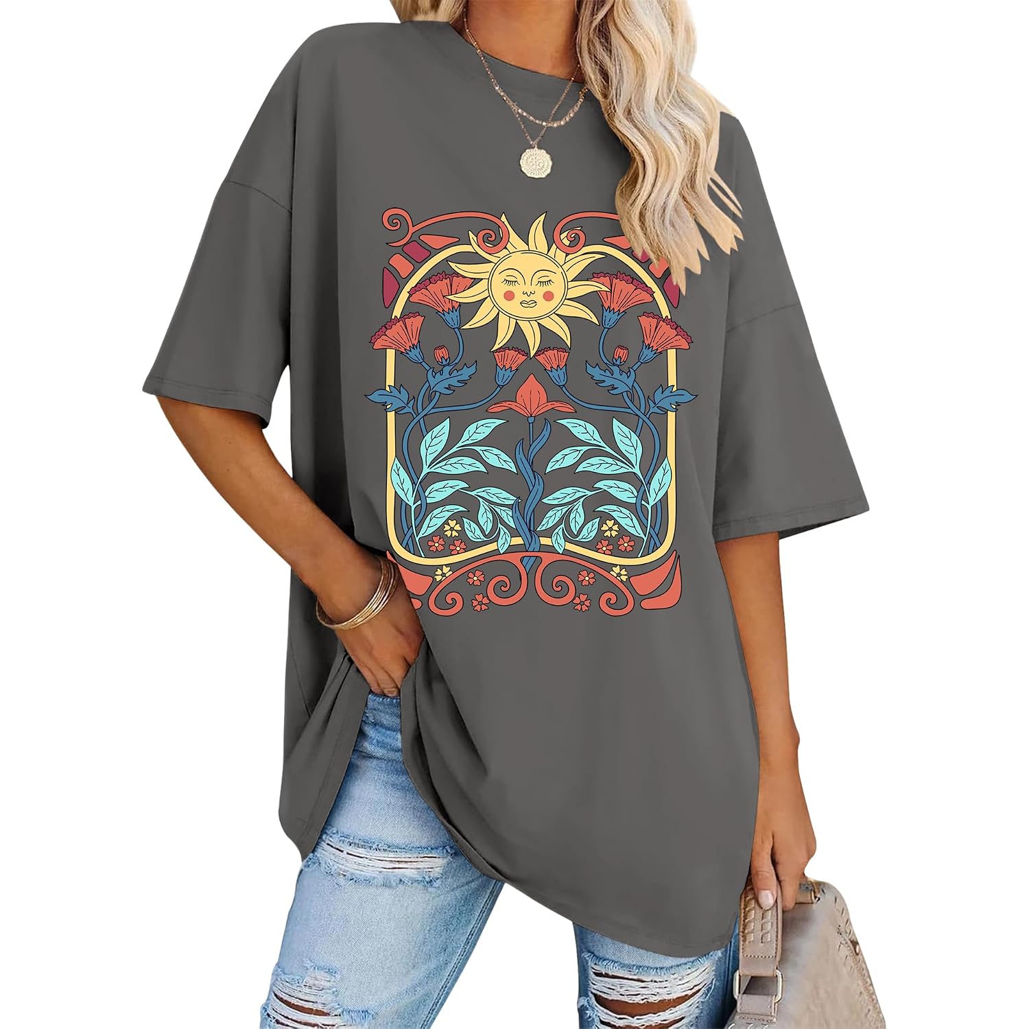 Lomon Oversized Graphic T Shirts For Women Short Sleeve Crewneck Summer Tops Loose Casual Basic Tees