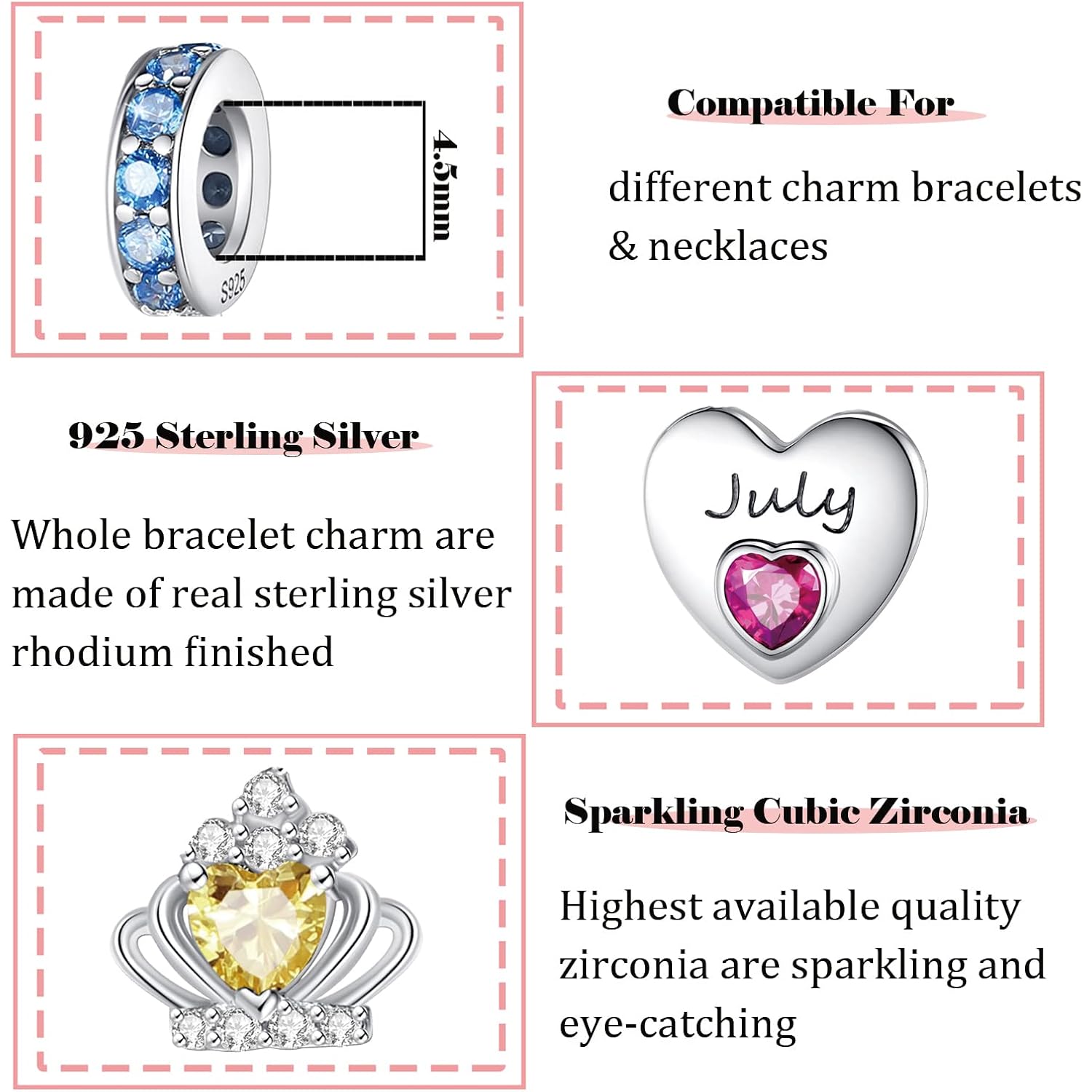 Birthstone Charms for Charms Bracelet: 925 Sterling Silver Heart Dangle Charms for Bracelets and Necklaces, Birthday Mother's Day Christmas Gifts For Women.