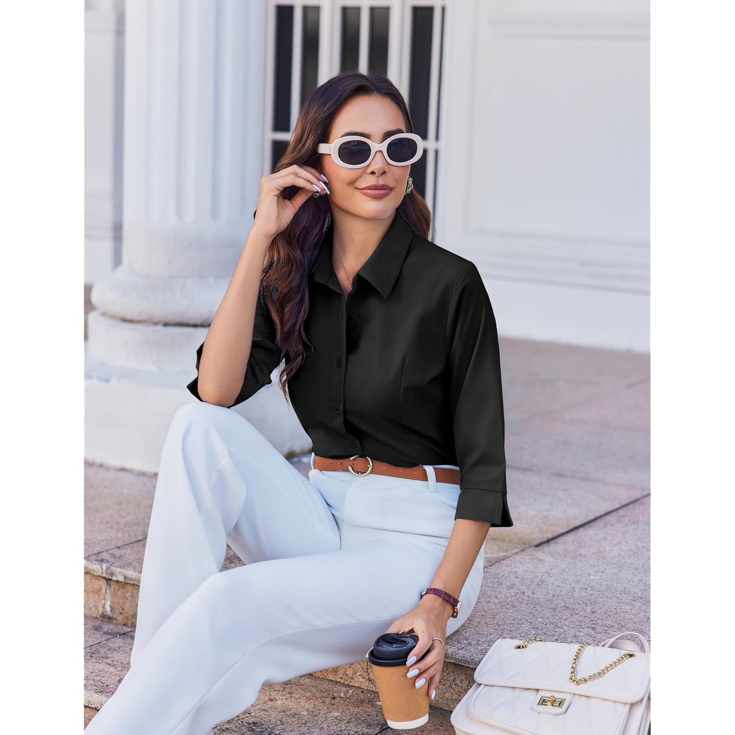 Women Button Down Shirts 3/4 Sleeve Basic Business Dress Shirt Slim Fitted Classic V Neck Button Up Work Blouse Tops