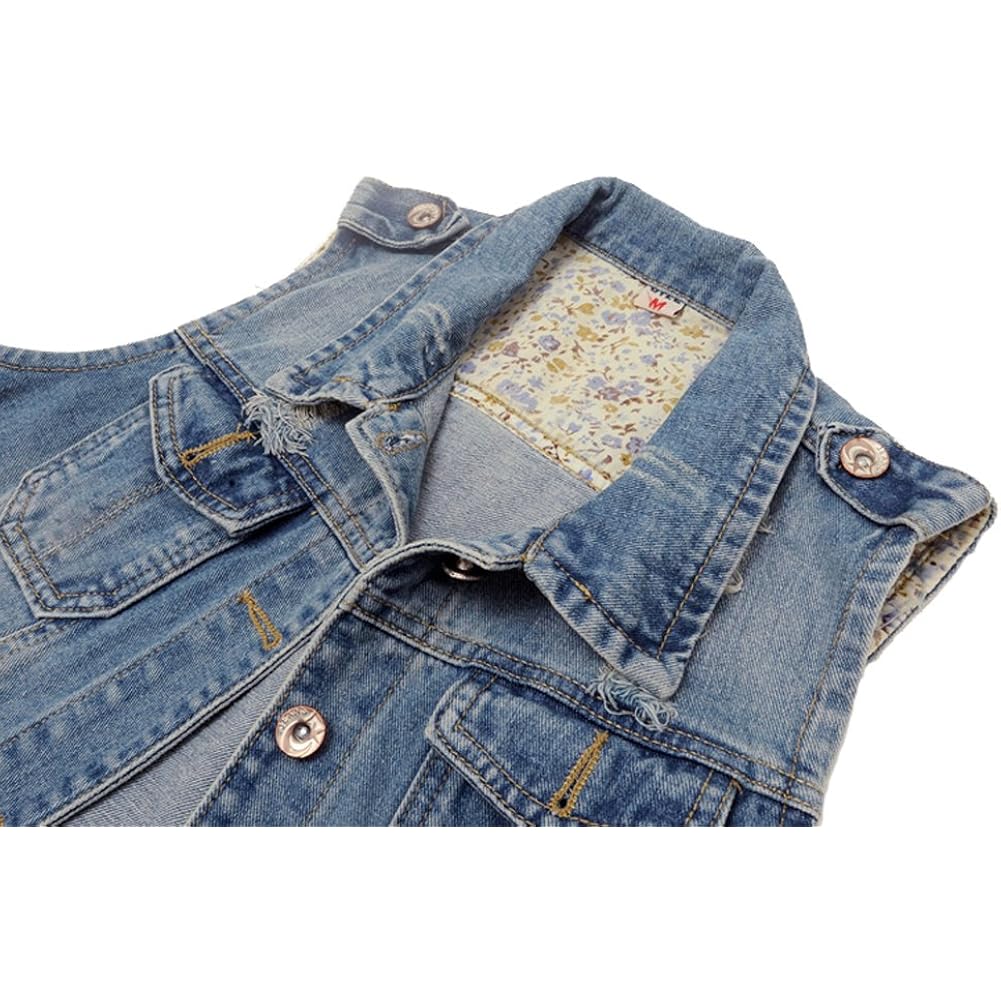 Womens Denim Jean Vest Classic Junior Button Up Cropped Distressed Sleeveless Jean Jacket