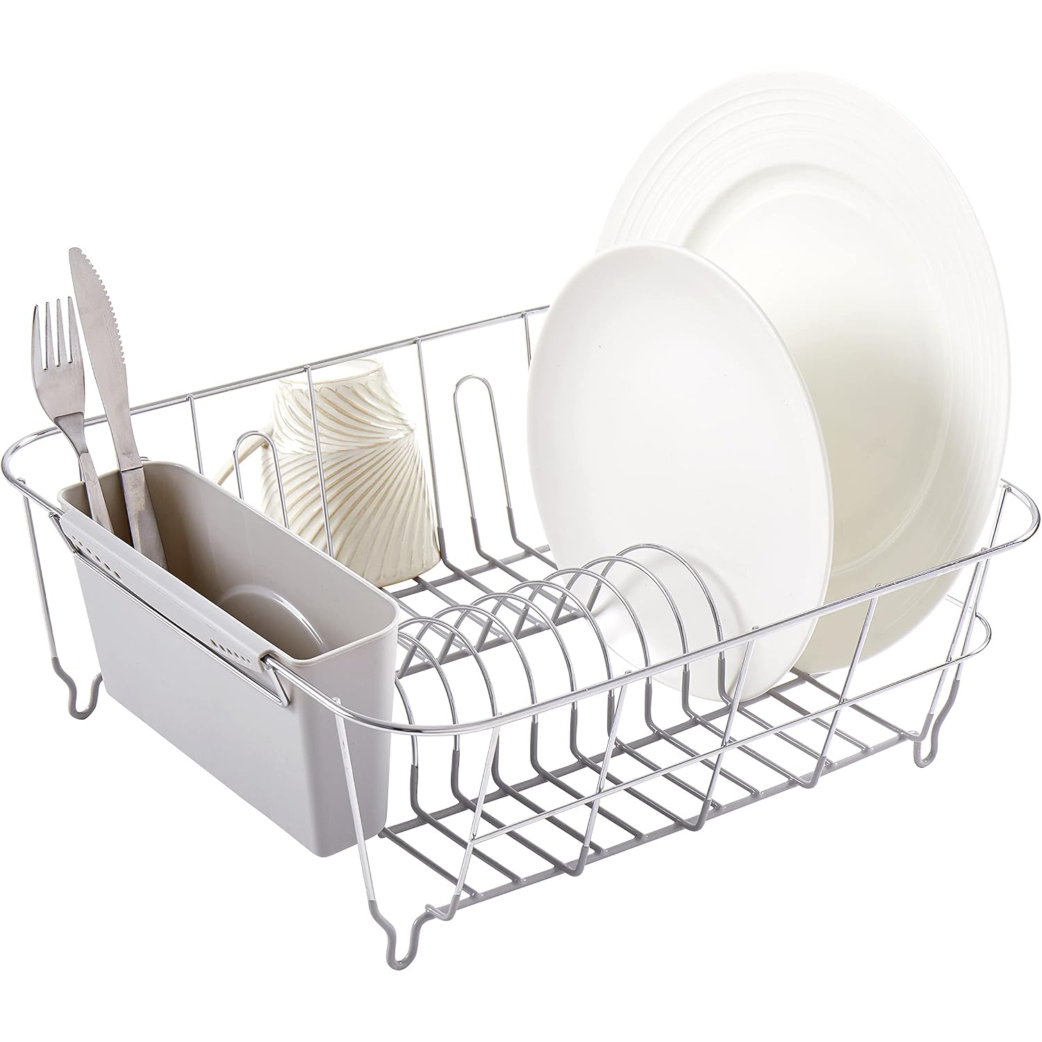 Dish Drying Rack & Cutlery Holder 2 Piece Set - Compact Sink-Fitting Dish Drainer With Rubberized Undercoating, Space-Saving Kitchen Organizer For Plates, Cups, Bowls & Utensils In Sink, Silver