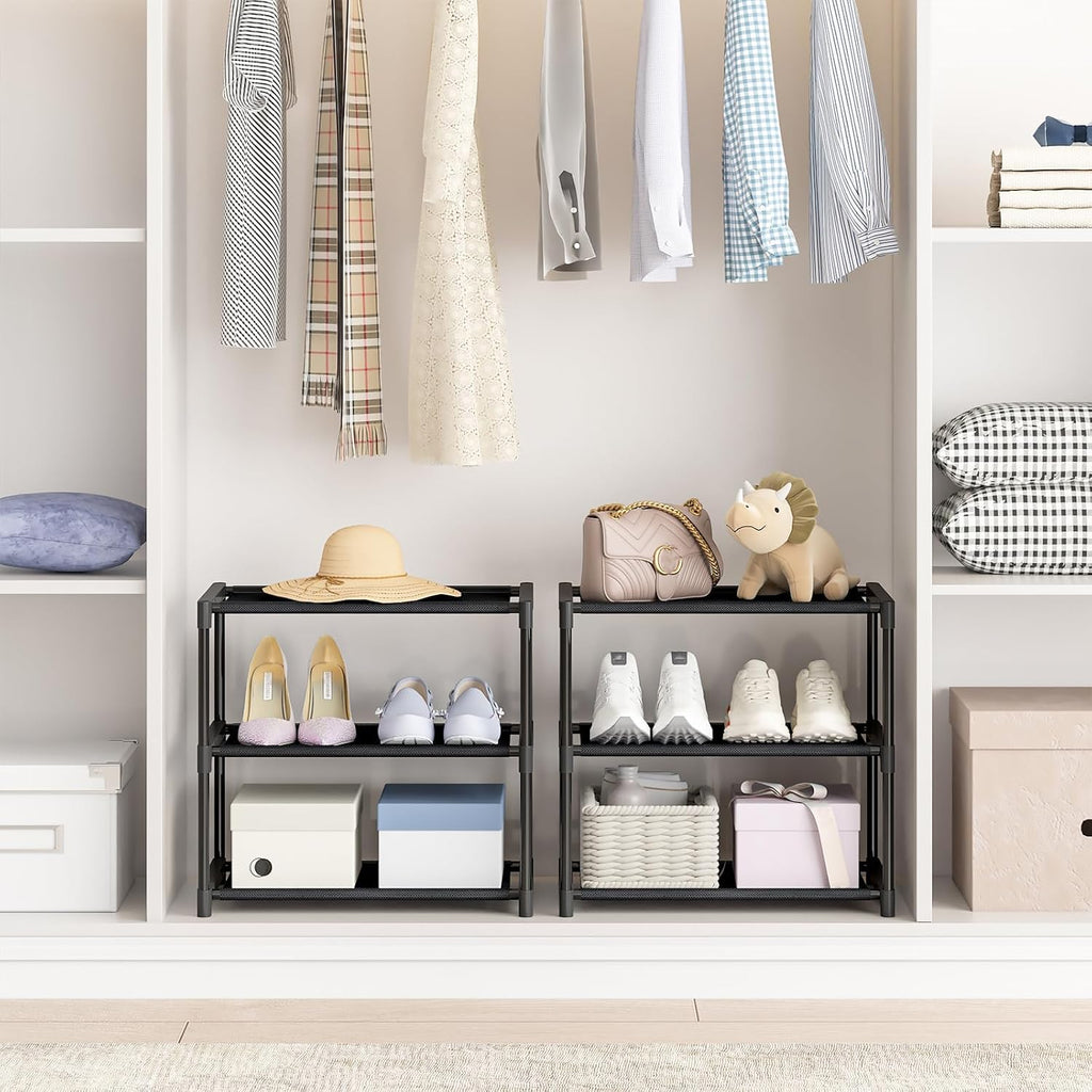 3 Tier Extra Small Shoe Rack (16.3" Wide), Narrow Stackable Shoe Shelf For Kids Toddler Adult, Ultra-Lightweight Shoe Rack Stand For Closet Dorm Bedroom Storage Organizer, Entryway