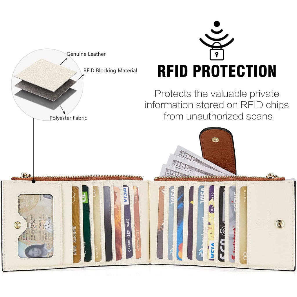 BOSTANTEN Leather Wallets for Women Large RFID Blocking Slim Bifold Purse Card Holder with Zipper Pocket Beige Brown