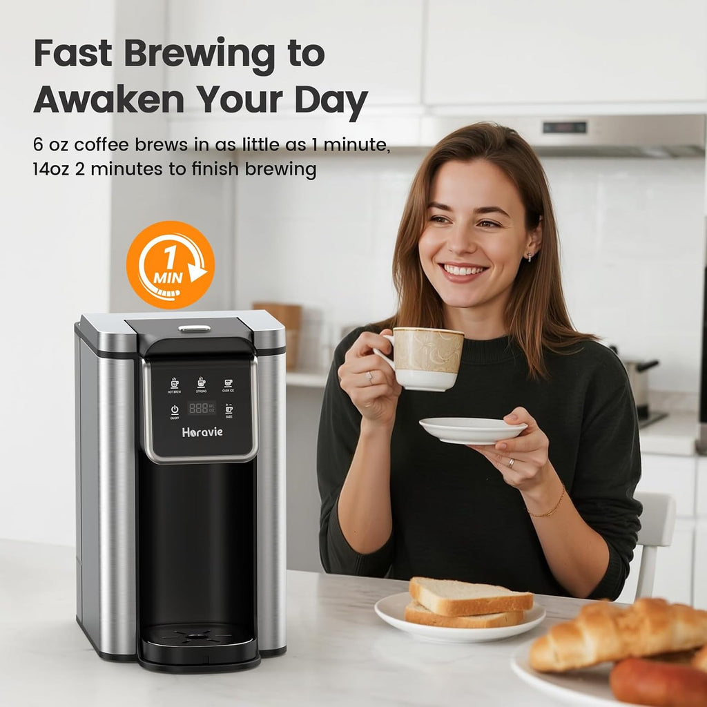 Horavie Single Serve Coffee Maker For K-Cup Pod And Grounds, Hot & Iced Coffee Maker, Strong Button Feature, 6 To 14Oz Brew Sizes, 50Oz Removable Reservoir, Fit 6.5" Mugs, Stainless Steel, Black
