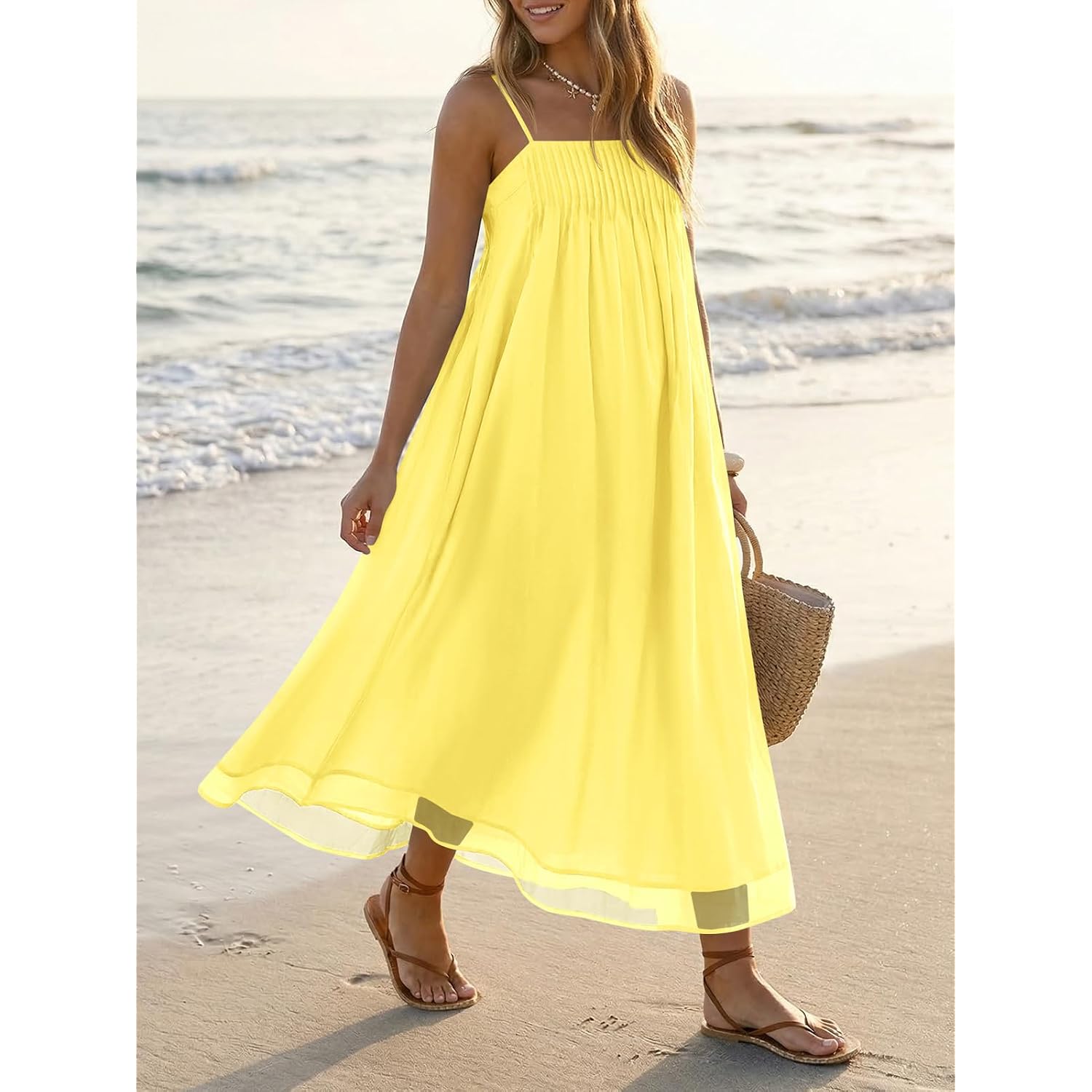Wenrine Women'S Summer Boho Maxi Dresses Spaghetti Straps Chiffon Casual Sundress Beach Vacation Long Dress With Pockets