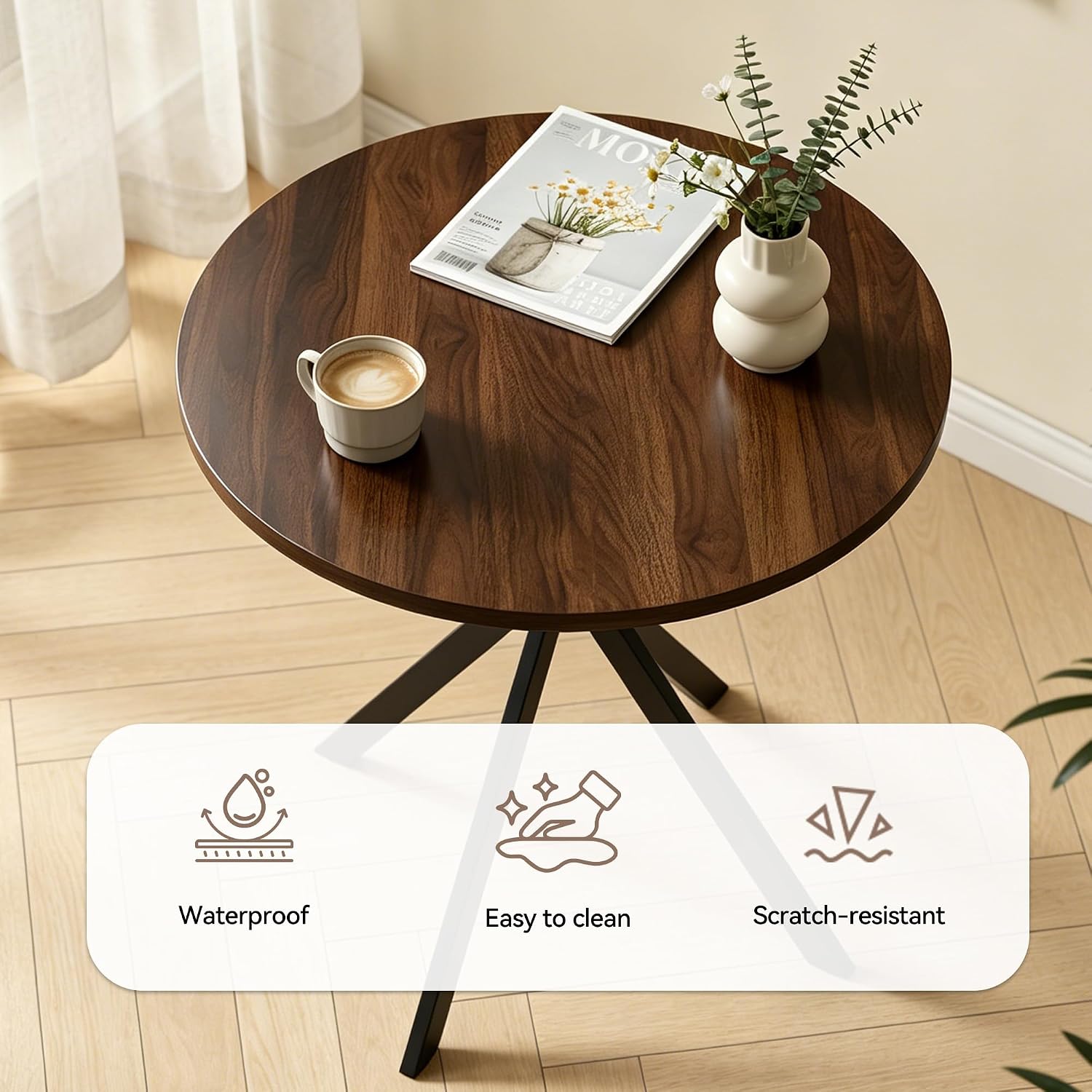 31.5" Round Dining Table And Chairs Set For 2, Small Dining Table Chairs Set Space-Saving, Small Dinette Sets For 2 For Kitchen Dining Room Apartment(Walnut Table + Brown Chairs)