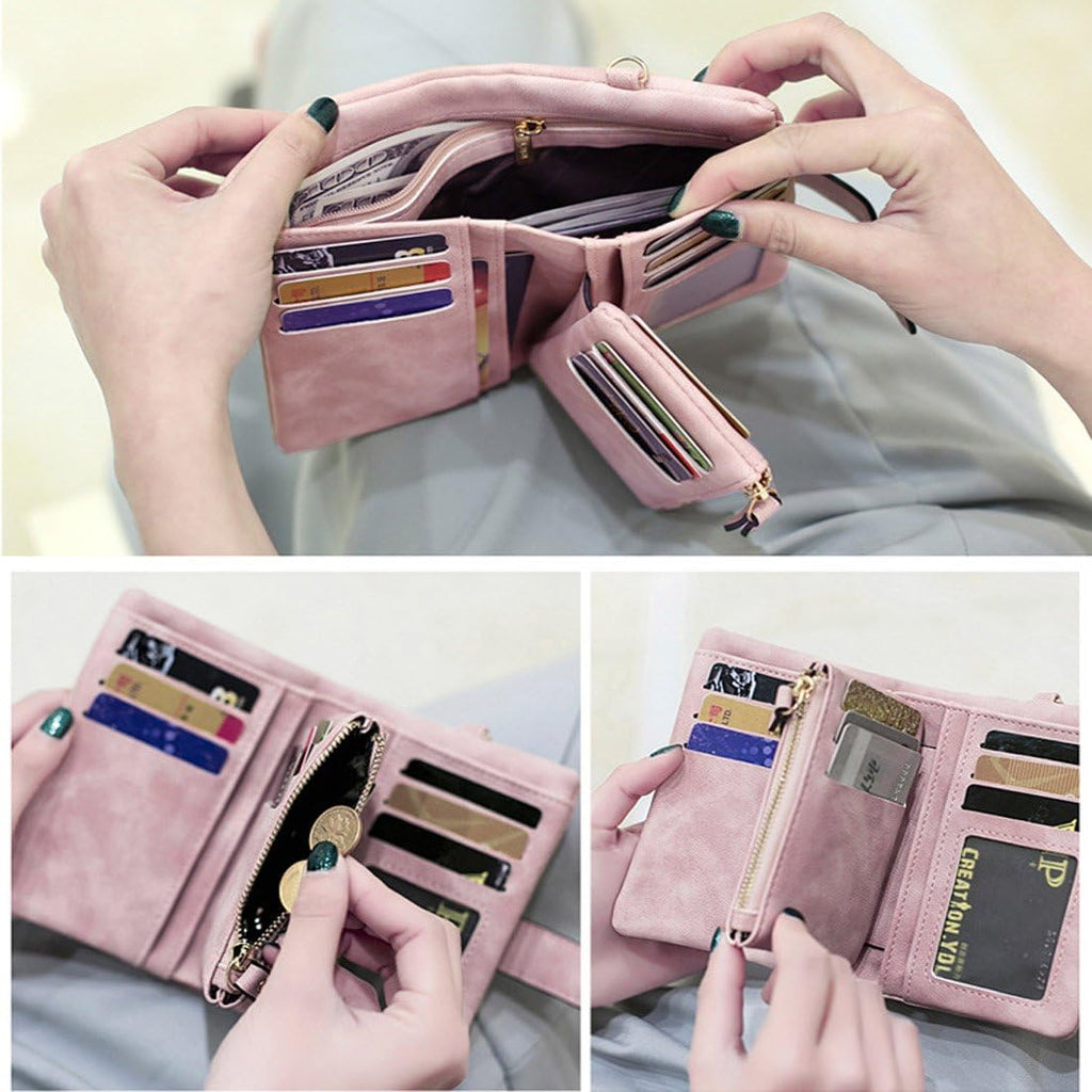 Topkull Bifold Small Rfid Soft Leather Ladies Trifold Wallets Billfolds Mini Wristlet Clutch Cute Zipper Coin Purse With Wrist Strap (Pink)
