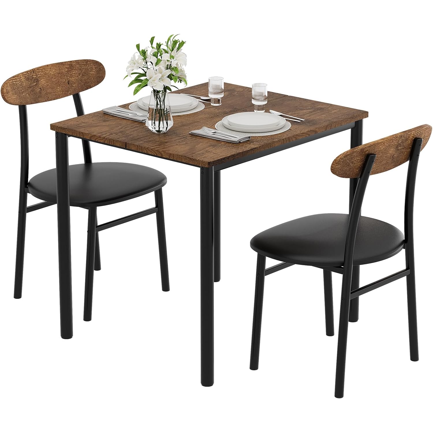 Yumori Dining Table Set For 2, Wood Square Table With 2 Upholstered Chairs For Kitchen And Dining Room, Space Saving (Rustic Brown)