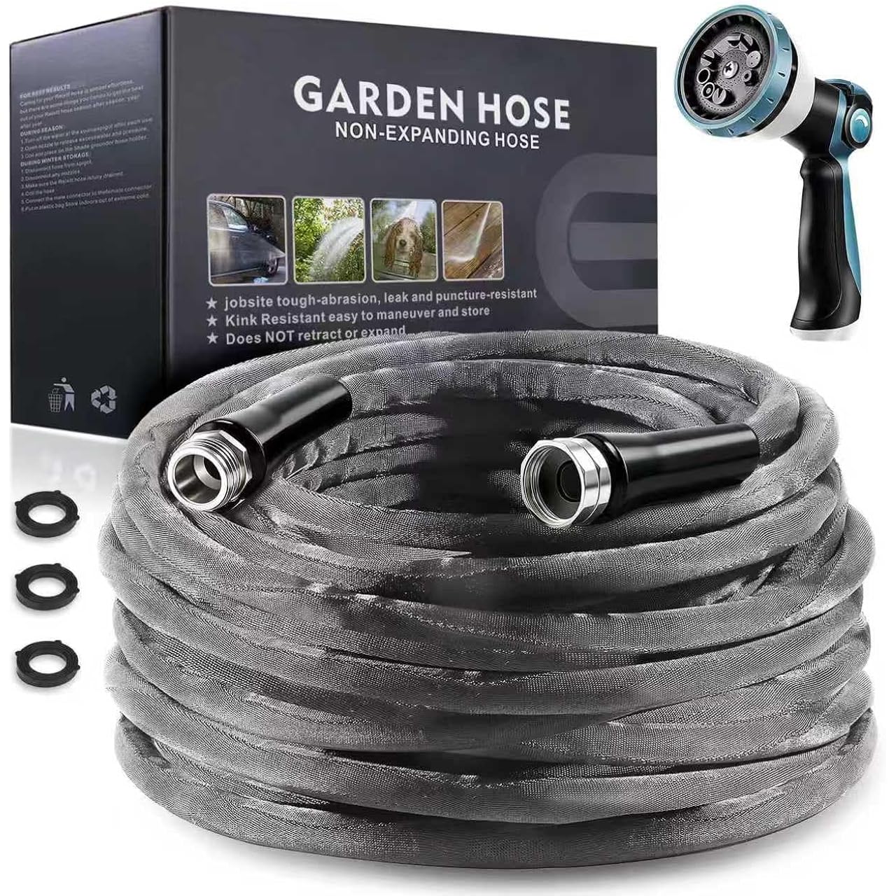 Garden Hose 100Feet, Water Hose With 10 Function Hose Nozzle, Non-Expandable Hose, Tough & Flexible, Lightweight, Crush Resistant Fittings, Kink & Tangle Free, Rust Proof For Watering