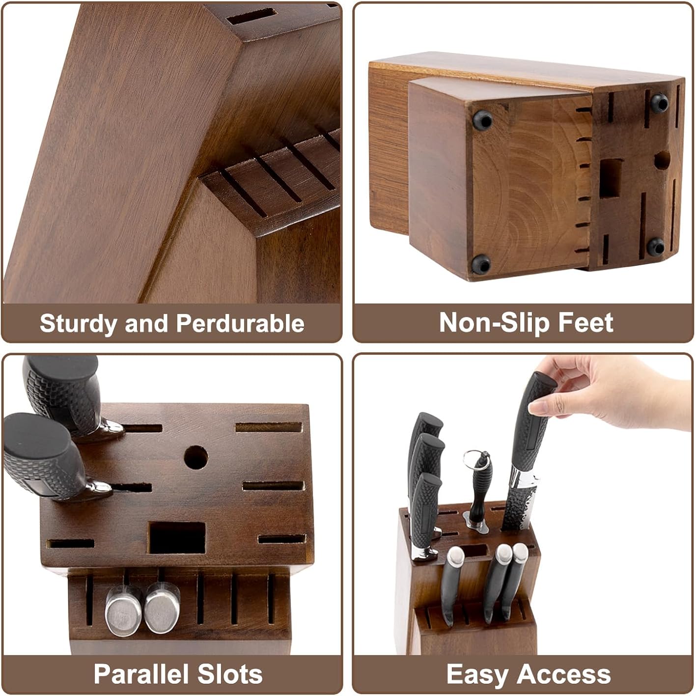 Universal Knife Block Without Knives - 14 Slot Wooden Knife Holder For Countertop, Large Bamboo Knife Storage Organizer, Butcher Block Knife Stand For Kitchen (Brown)