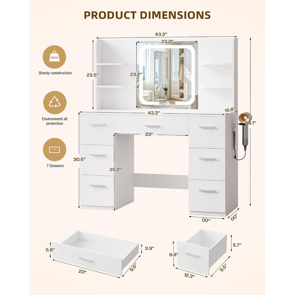 Livelyglow 43" Large White Makeup Vanity Desk With Charging Station | Smart Led Mirror, Hairdryer Holder, 7 Drawers, 4 Shelves