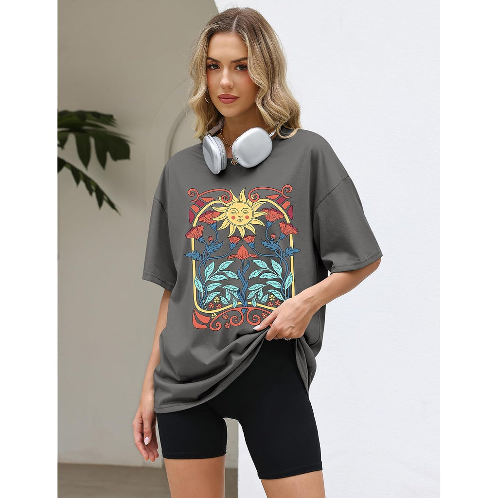 Lomon Oversized Graphic T Shirts For Women Short Sleeve Crewneck Summer Tops Loose Casual Basic Tees